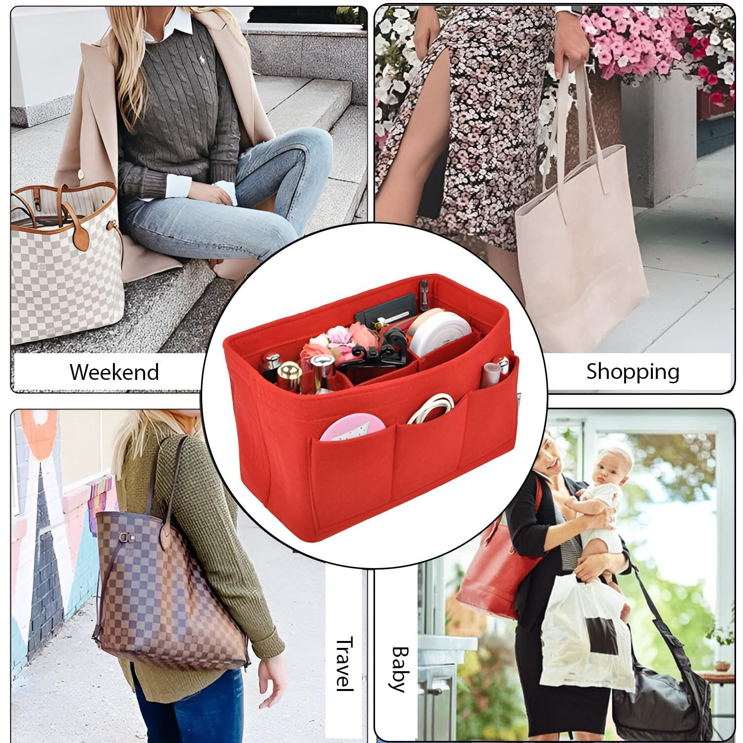 Greensheep Women Felt Purse Organizer Storage Bag For Ladies Handbag Tote Bag Glasses Keys- (Red, Slender M, 11.3X3.15X6.5 Inch)