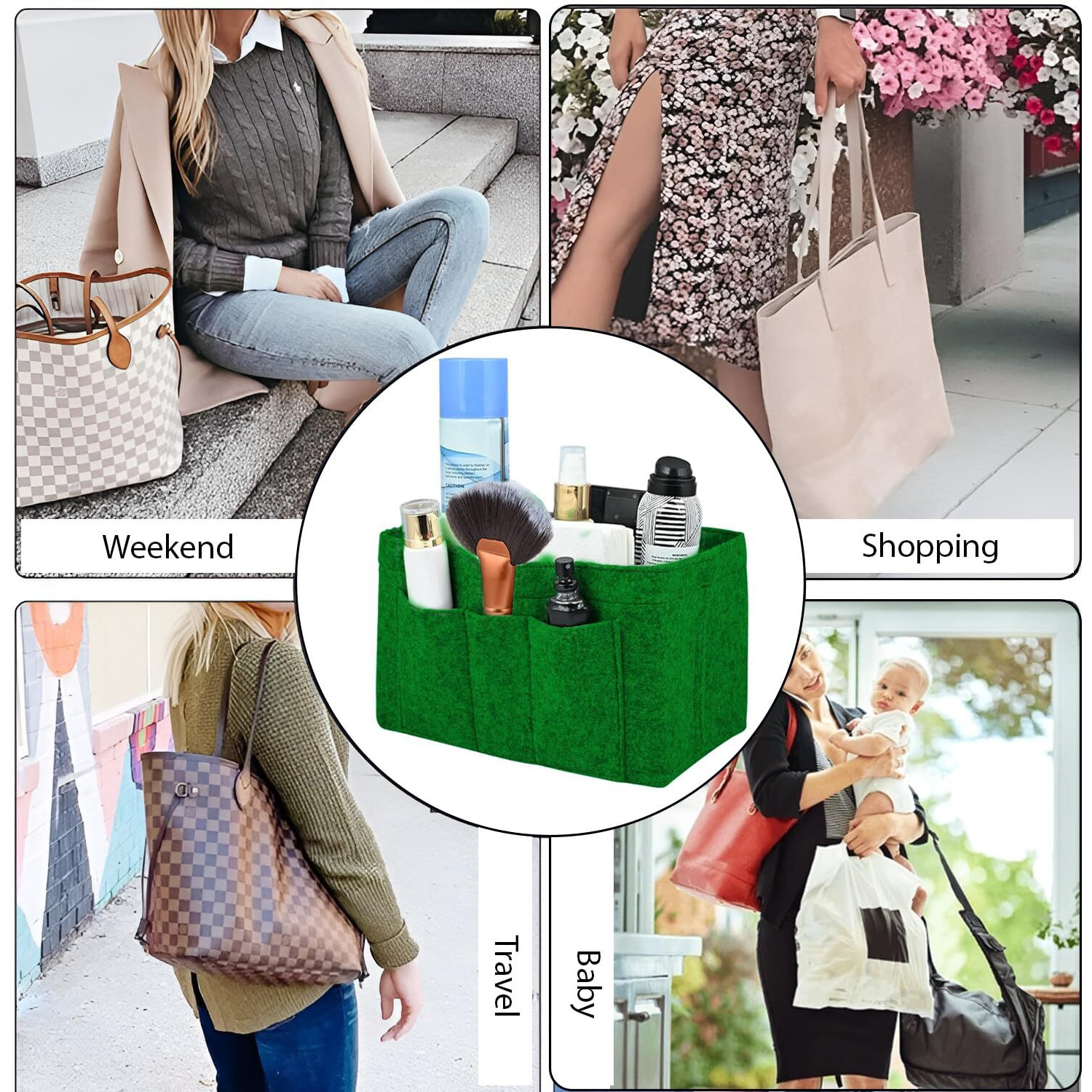 Greensheep Women Felt Purse Organizer Storage Bag For Ladies Handbag Tote Bag Glasses Keys- (Green, Slender L, 13.8X3.35X5.9 Inch)