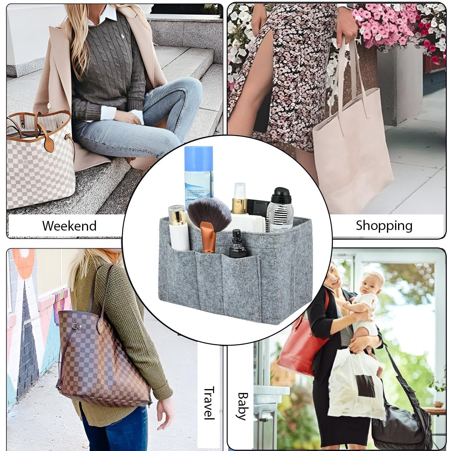 Greensheep Women Felt Purse Organizer Storage Bag For Ladies Handbag Tote Bag Glasses Keys- (Grey, Slender L, 13.8X3.35X5.9 Inch)