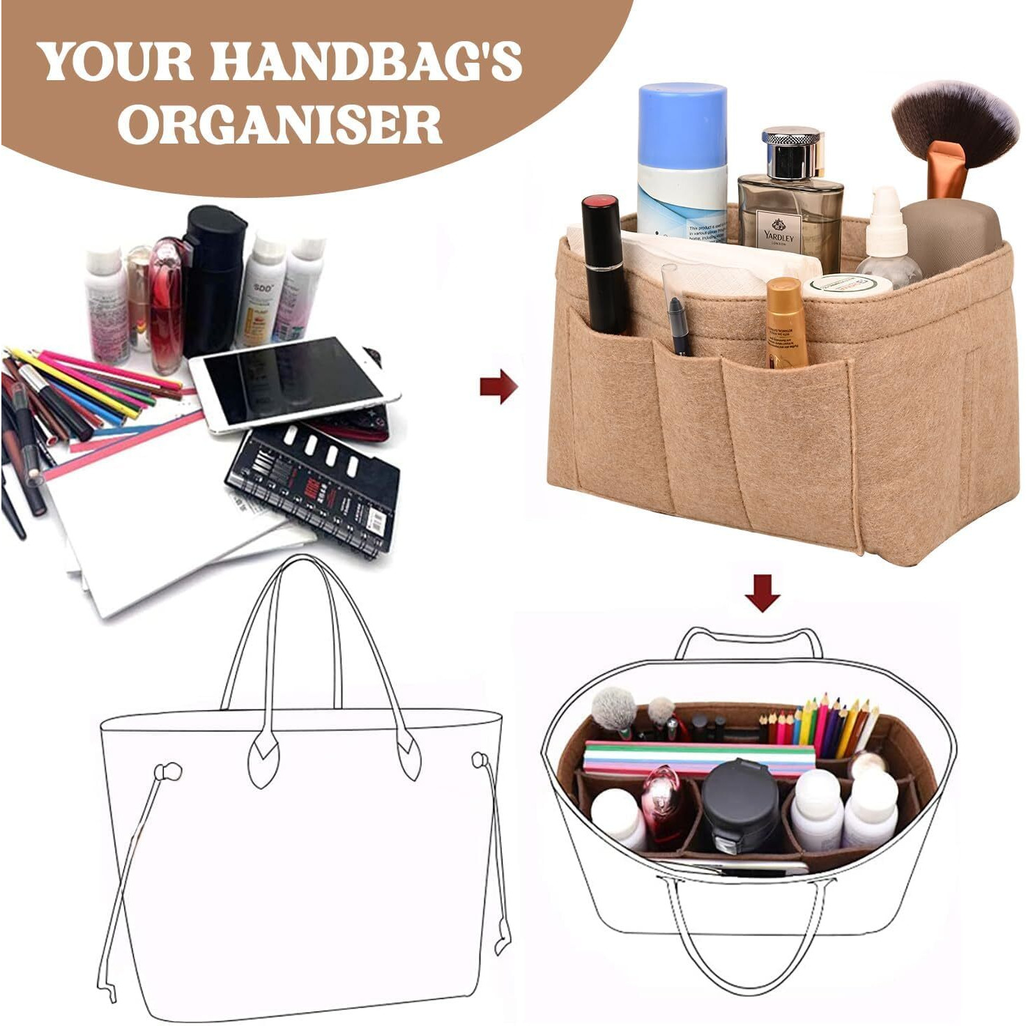 Greensheep Women Felt Purse Organizer Storage Bag For Ladies Handbag Tote Bag Glasses Keys- (Beige, Slender M, 11.3X3.15X6.5 Inch)