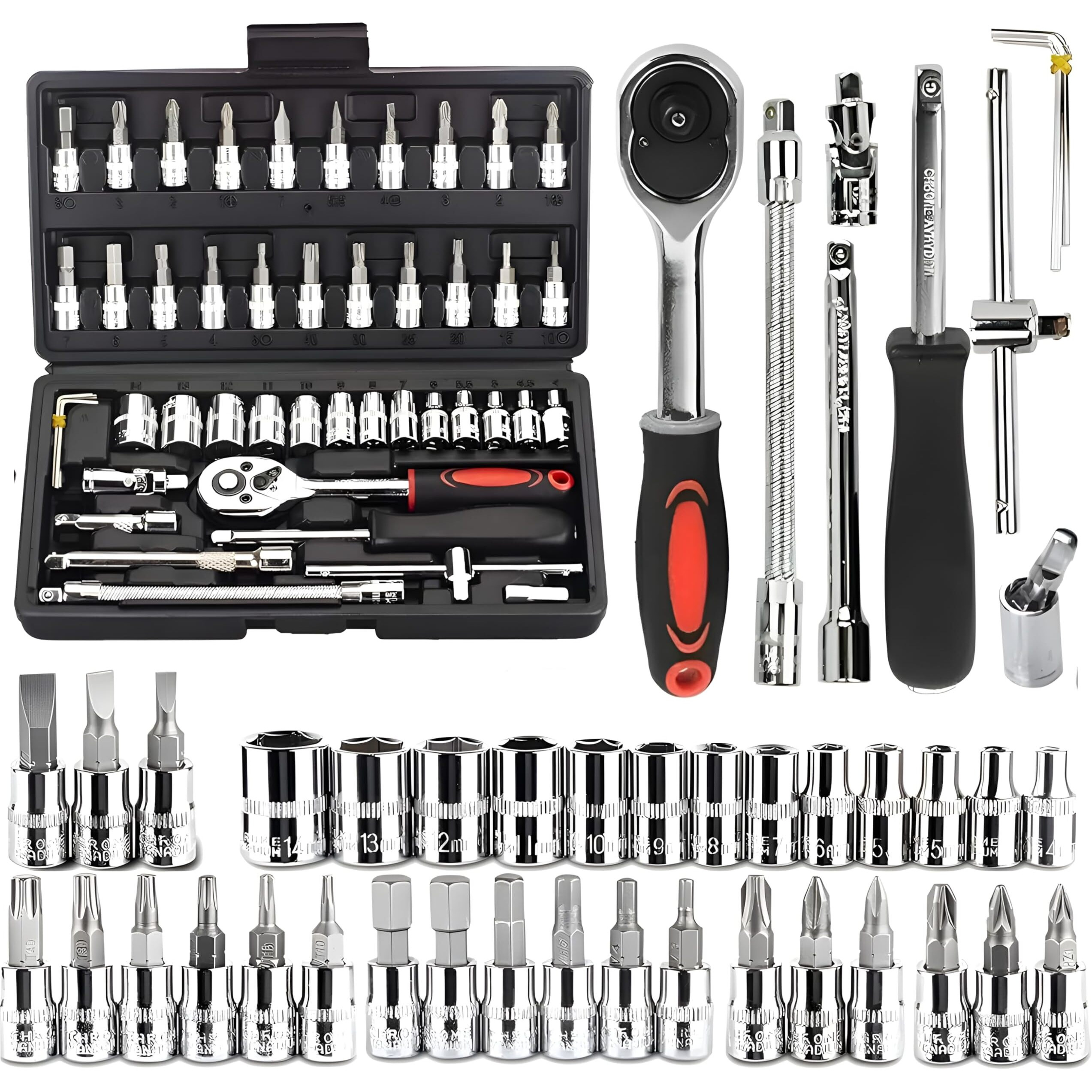Clapone Tool Kit 46 Pcs Household | 1/4 Drive Socket Screwdriver Wrench Set For Bike, Car Repairs & More Spanner & Socket Set All Size Tool Kit Goti Pana Perfect For Diy Enthusiasts, Black