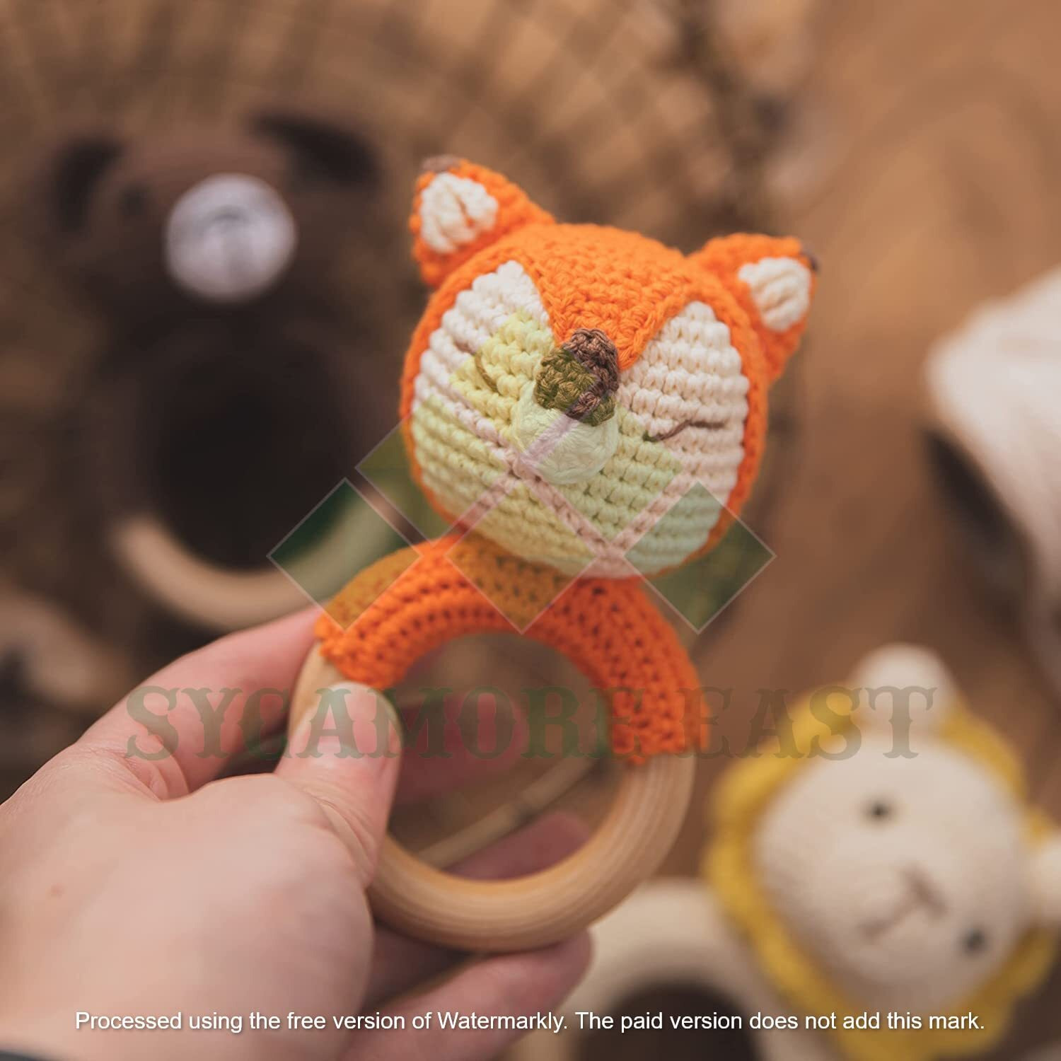 Sycamore East Wood Baby Rattle For Newborn, Crochet Bunny Rattle Toy Natural Wool, Music Shaker Rattle For Hand Grips, Boy Girl First Rattle Gift Fox-1 1 Pcs Combo
