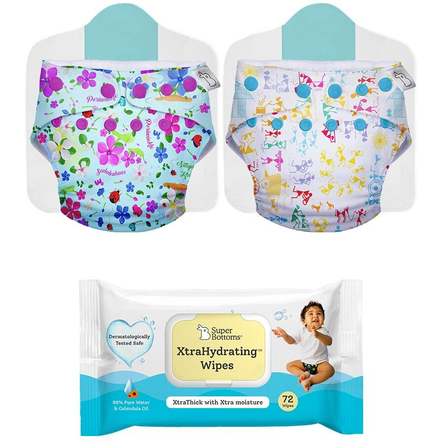Superbottoms Pack Of 2 Cloth Diapers For Babies And Xtrahydrating Wipes-72 Pack-Freesize Washable & Reusable Waterproof Adjustable Cloth Diaper For Babies From 5-17Kgs|Diaper With 2 Dry Feel Pad