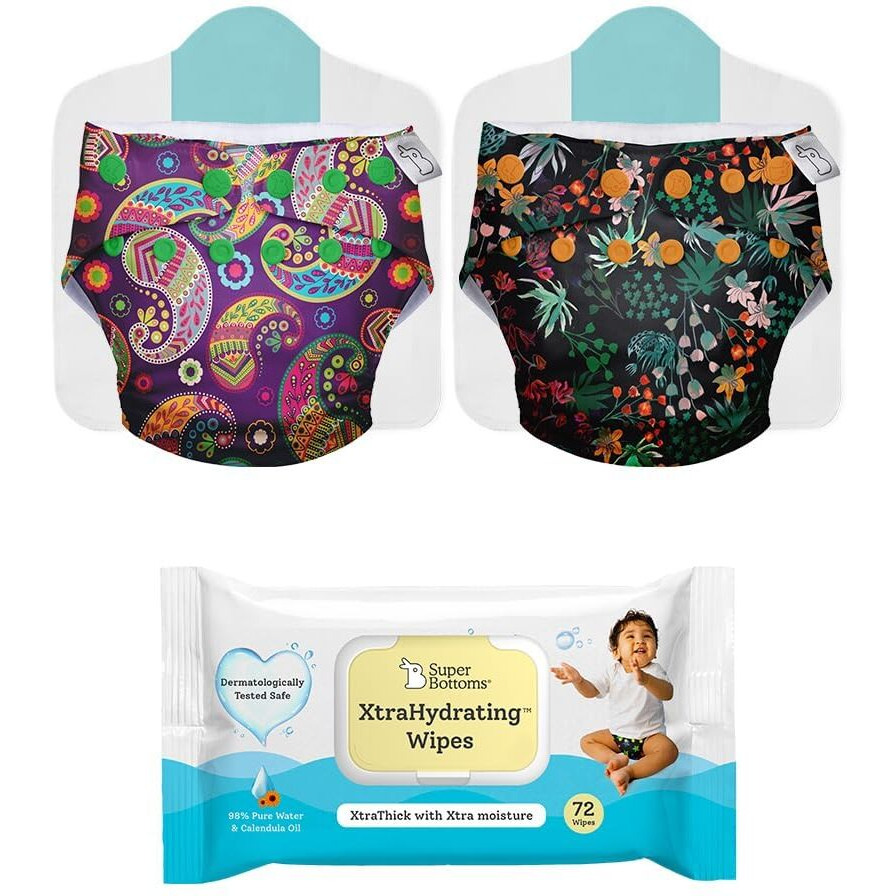 Superbottoms Pack Of 2 Cloth Diapers For Babies And Xtrahydrating Wipes-72 Pack-Freesize Washable & Reusable Adjustable Cloth Diaper For Babies From 5-17Kgs|Diaper With 2 Dry Feel Pad