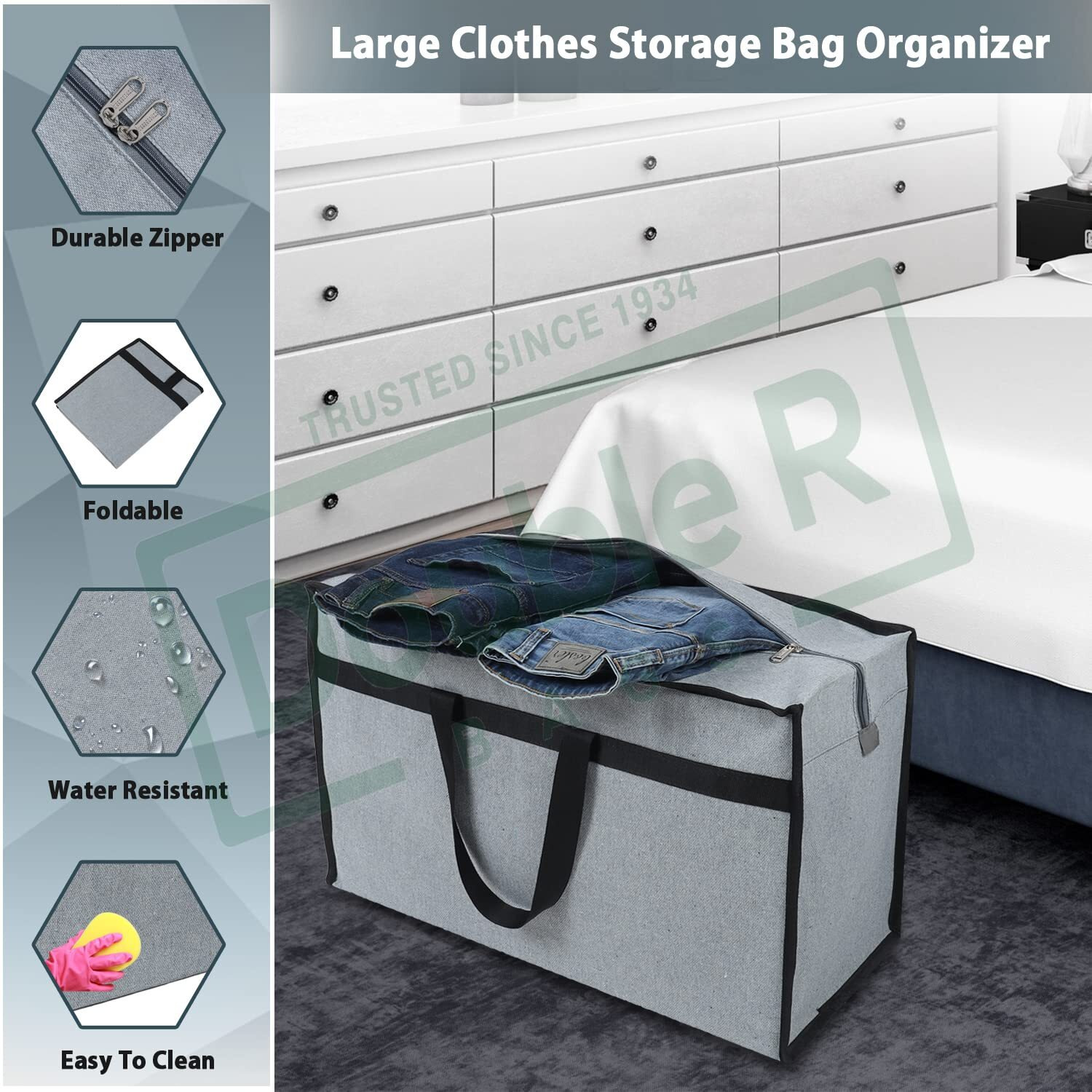 Double R Bags Jute Heavy Duty Extra Large Storage Bag, Moving Bag Tote, Blanket Clothes Organizer, Comforter, Bedroom Closet, Room Essentials (Pack Of 3, Grey Canvas)