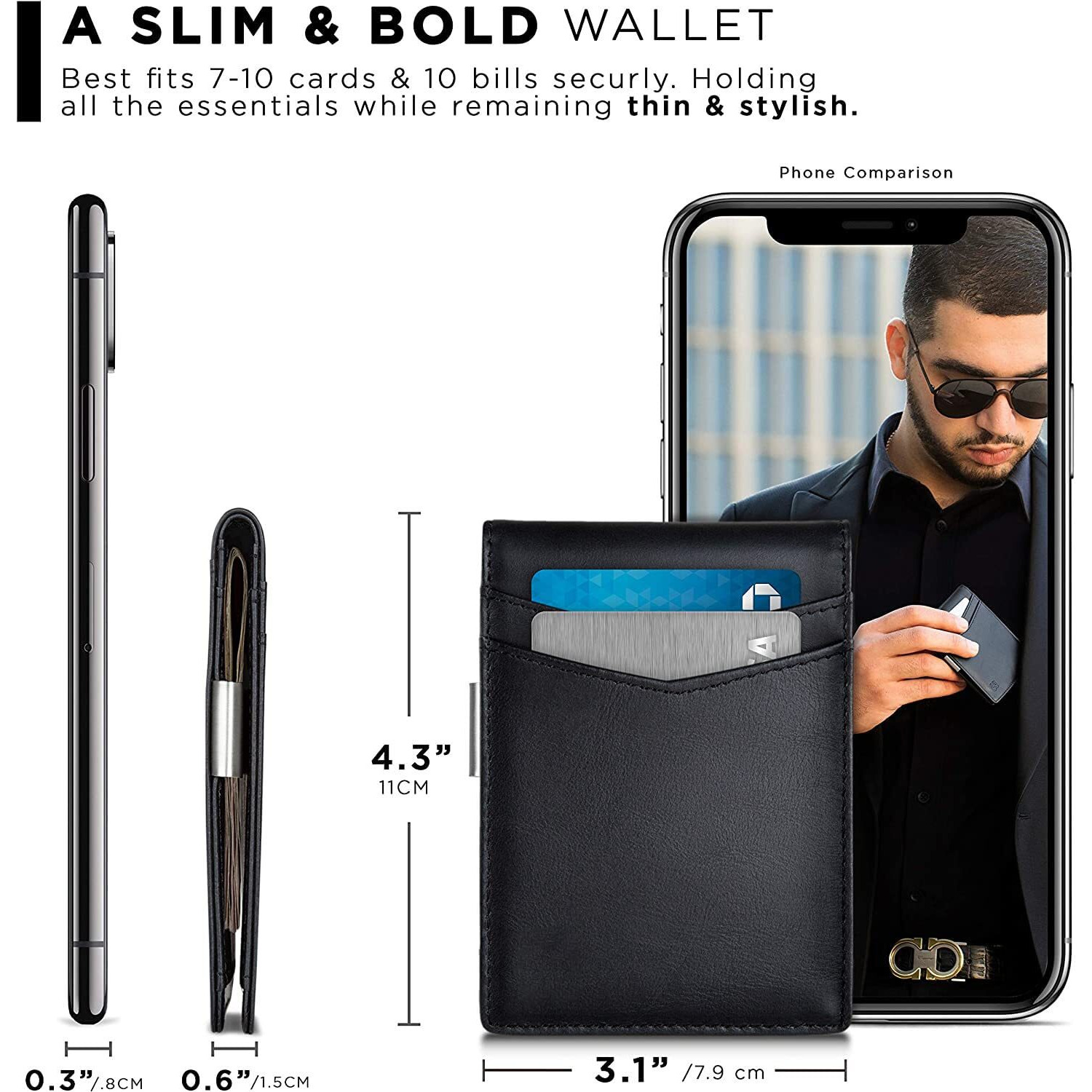 Contacts Genuine Leather Money Clip Wallet Slim Front Pocket With 11 Card Slots Card Holder Minimalist Mini Bifold For Men (Black)