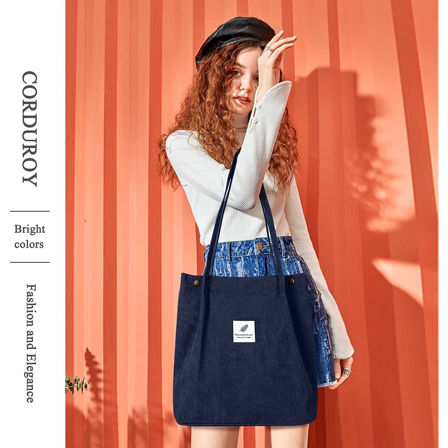 Street27 Korean Canvas Corduroy Tote Bag Casual Work Shoulder Handbags, Multi-Purpose Bag, Sturdy Canvas Bag With Large Capacity, Shopping Bag For Office, College & Daily Use (Navy Blue, Womens)
