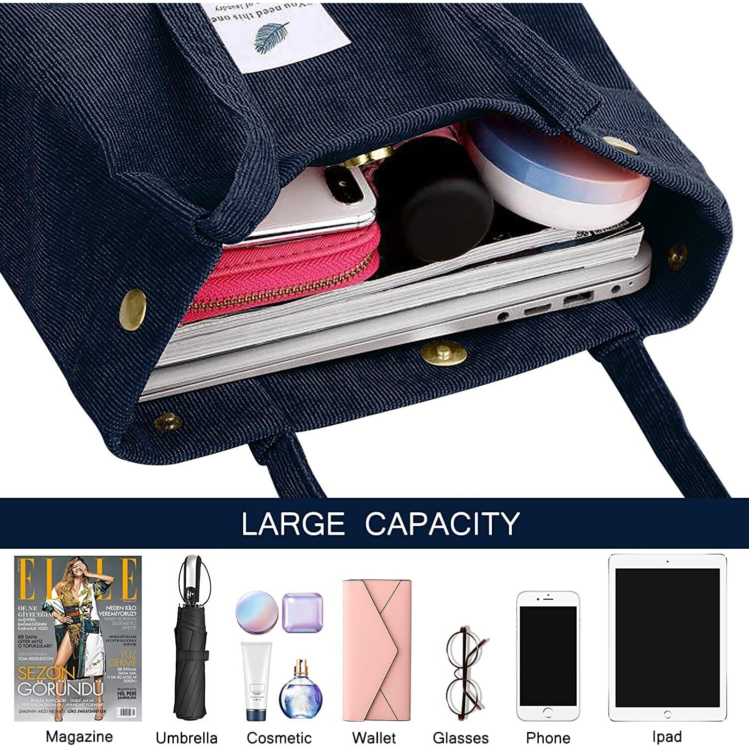 Street27 Korean Canvas Corduroy Tote Bag Casual Work Shoulder Handbags, Multi-Purpose Bag, Sturdy Canvas Bag With Large Capacity, Shopping Bag For Office, College & Daily Use (Navy Blue, Womens)