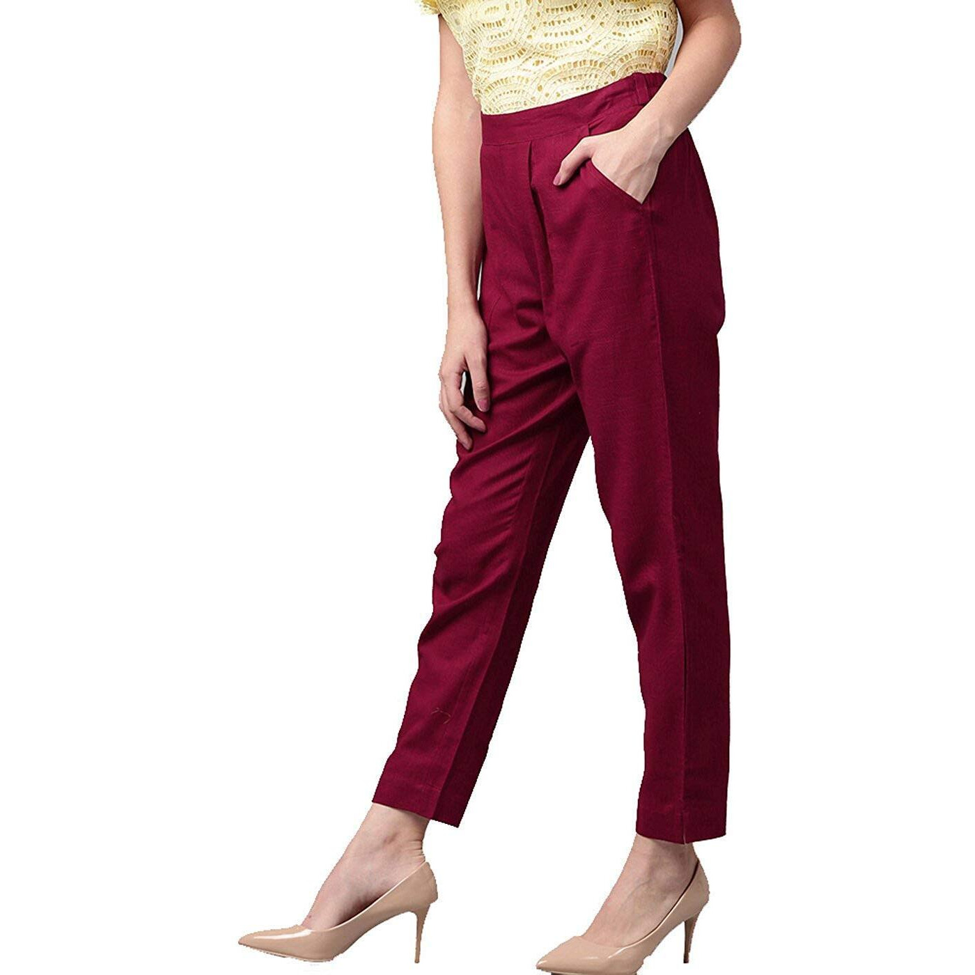Digital Shopee Women Cotton Trouser Pant Regular Fit For Office School Formal Casual Daily Use Maroon