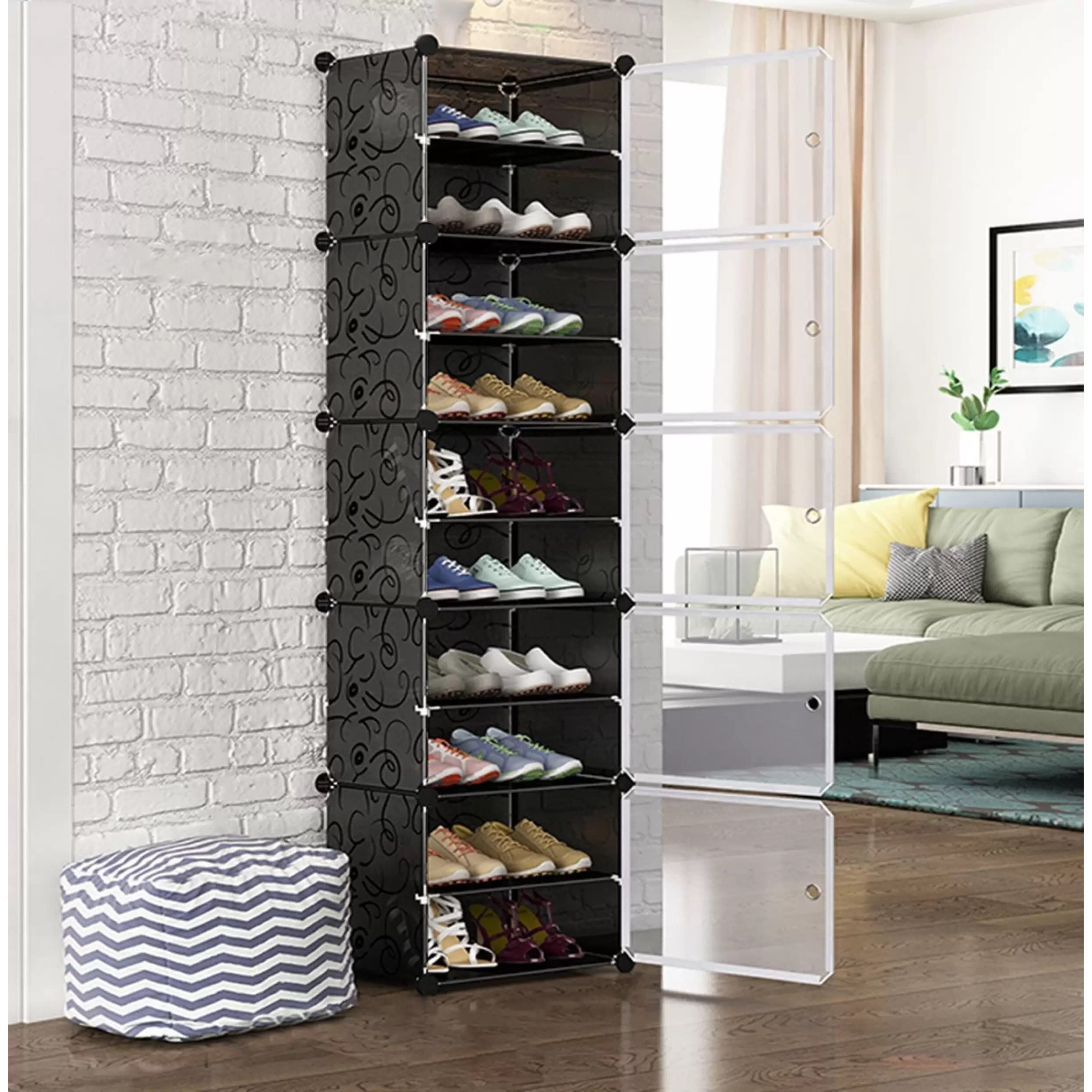 Aysis Diy Shoe Rack Organizer/Multi-Purpose Plastic 10 Layers 5 Door Portable And Folding Shoe Rack ^ Black10Shelf5Door