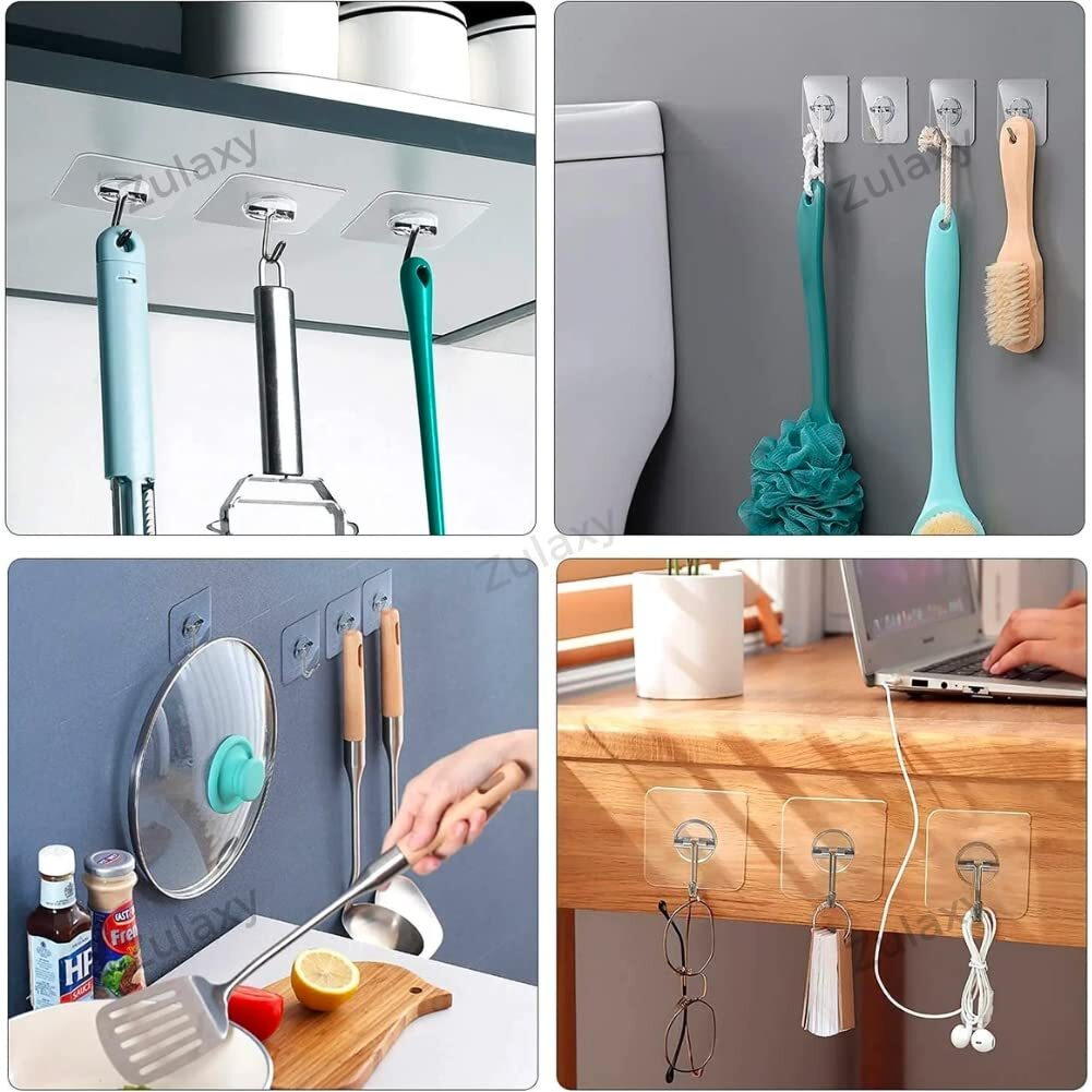 Zulaxy Wall Hanging Hooks For Wall Without Drilling, 20 Pack Self Adhesive Hooks For Wall Heavy Duty Strong Nail Free, Kitchen Accessories Items (Hanging Hook, Transparent) Stainless Steel