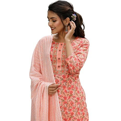 Vaamsi Women's Rayon Blend Floral Printed Straight Kurta Pant With Dupatta (Vkskd1043_Peach_Xs)
