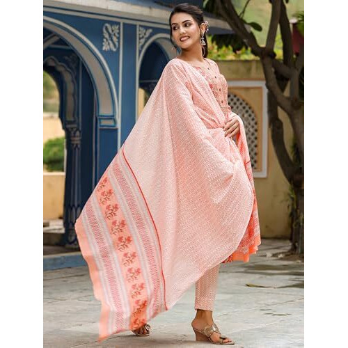 Vaamsi Women's Rayon Blend Floral Printed Straight Kurta Pant With Dupatta (Vkskd1043_Peach_Xs)