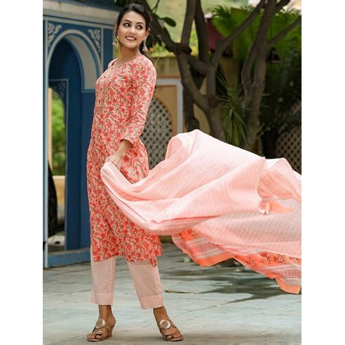 Vaamsi Women's Rayon Blend Floral Printed Straight Kurta Pant With Dupatta (Vkskd1043_Peach_Xs)