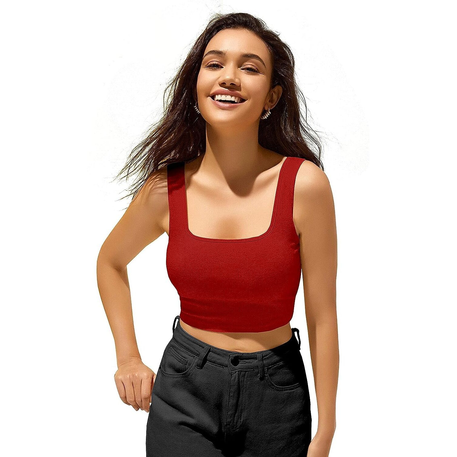 Berrybird Berry Bird Stylish Women's Sleeveless Square Neck Ribbed Crop Tops For Gym, Beach,And Casual Stylish Wear Tank Top