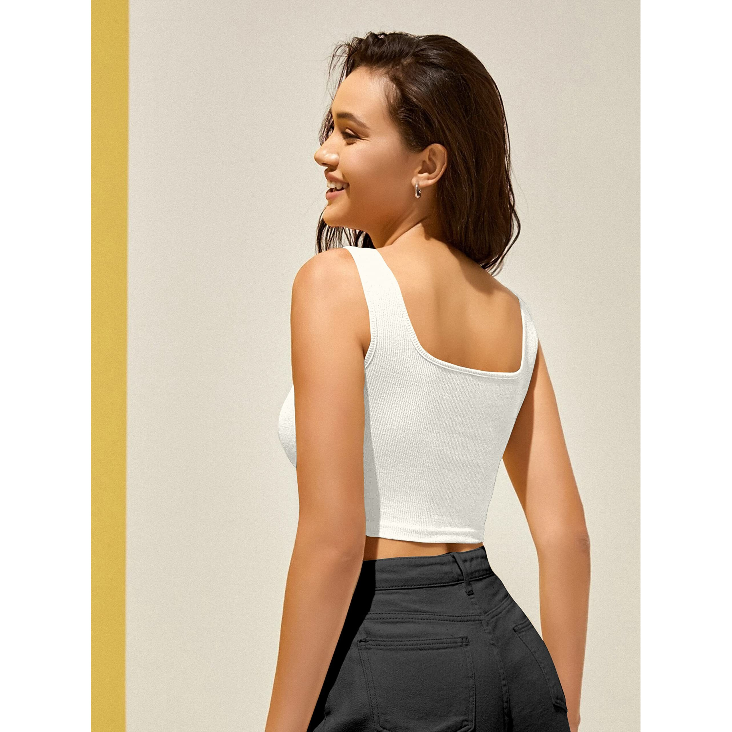 Berry Bird Stylish Women's Sleeveless Square Neck Ribbed Crop Tops For Gym, Beach,And Casual Stylish Wear Classic Fit Tank Top, White