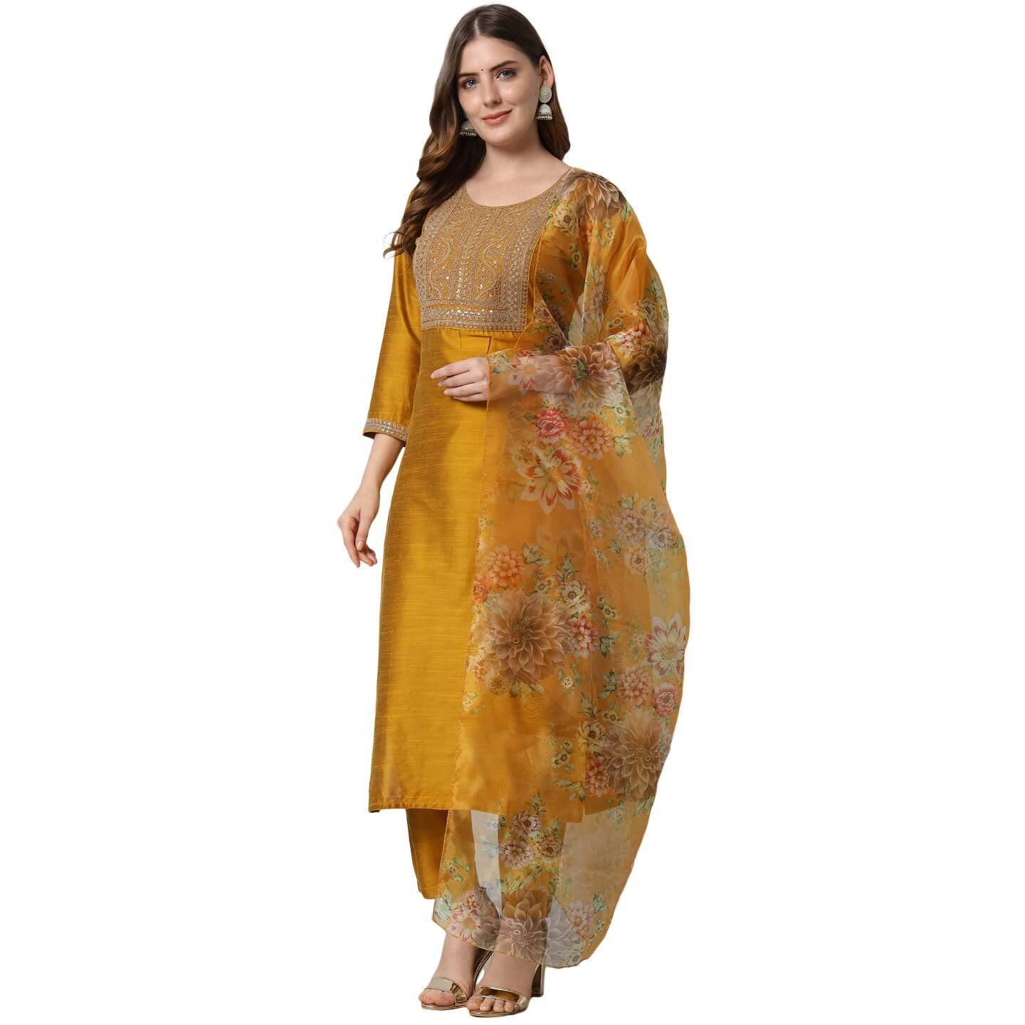Vredevogel Women's Embroidered Floral Cotton Silk Blend Kurta Pant And Dupatta Set (Mustard_X-Large)