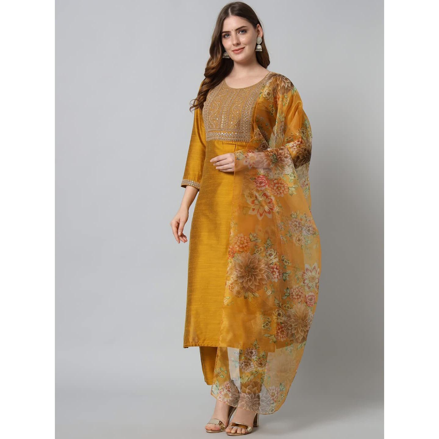 Vredevogel Women's Embroidered Floral Cotton Silk Blend Kurta Pant And Dupatta Set (Mustard_X-Large)