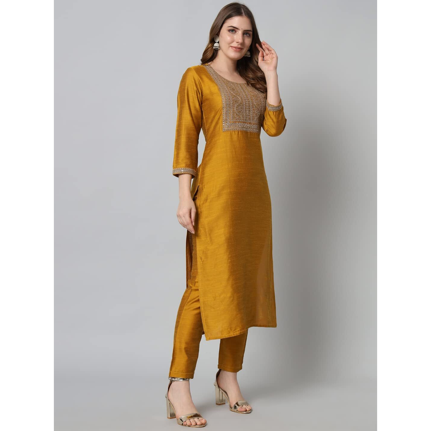 Vredevogel Women's Embroidered Floral Cotton Silk Blend Kurta Pant And Dupatta Set (Mustard_X-Large)