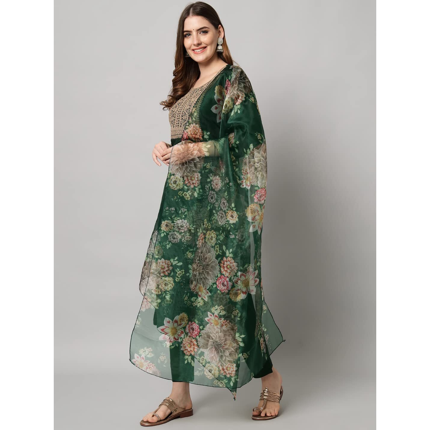 Vredevogel Women's Embroidered Floral Silk Blend Kurta Pant And Dupatta Set (Green_Xxx-Large)