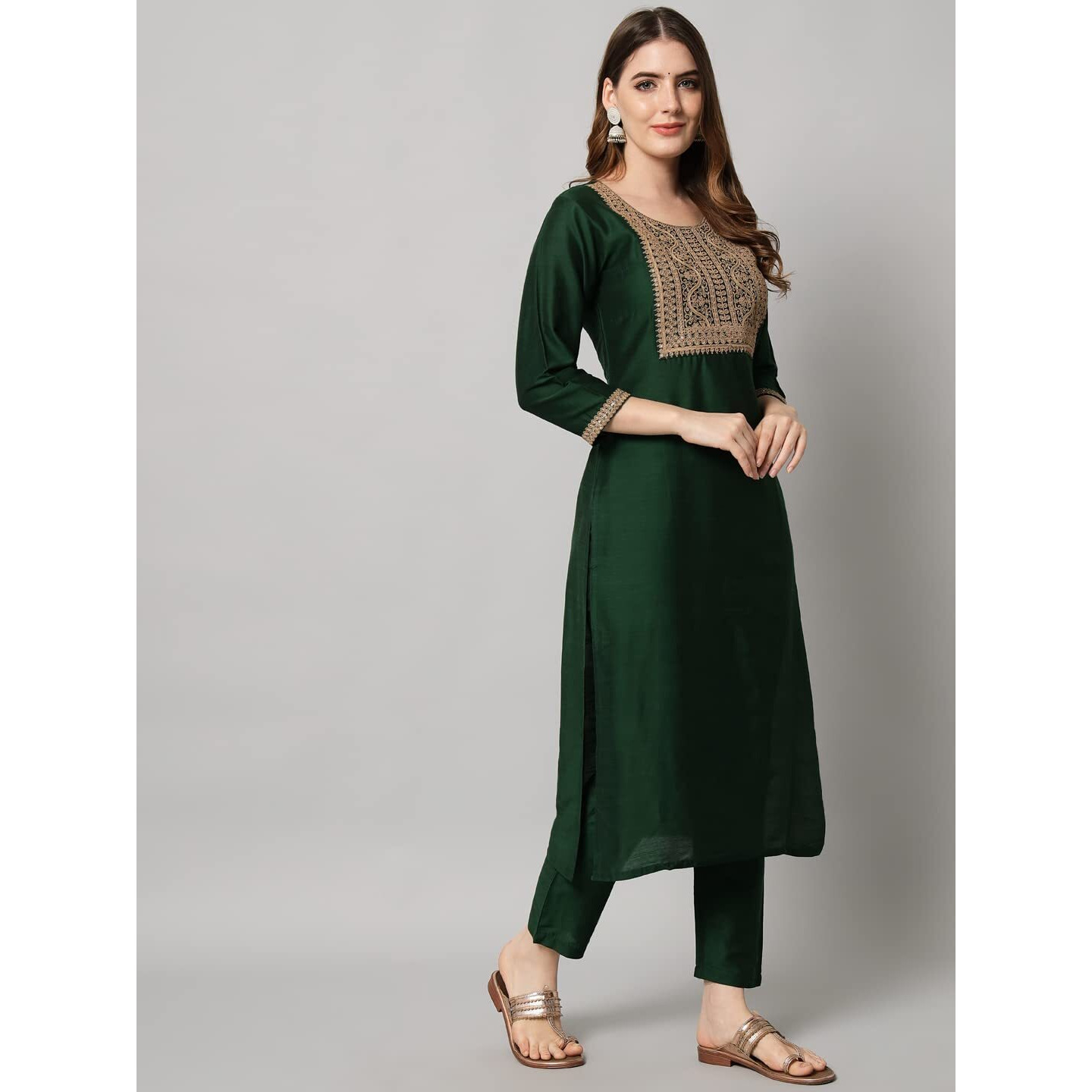 Vredevogel Women's Embroidered Floral Silk Blend Kurta Pant And Dupatta Set (Green_Xxx-Large)