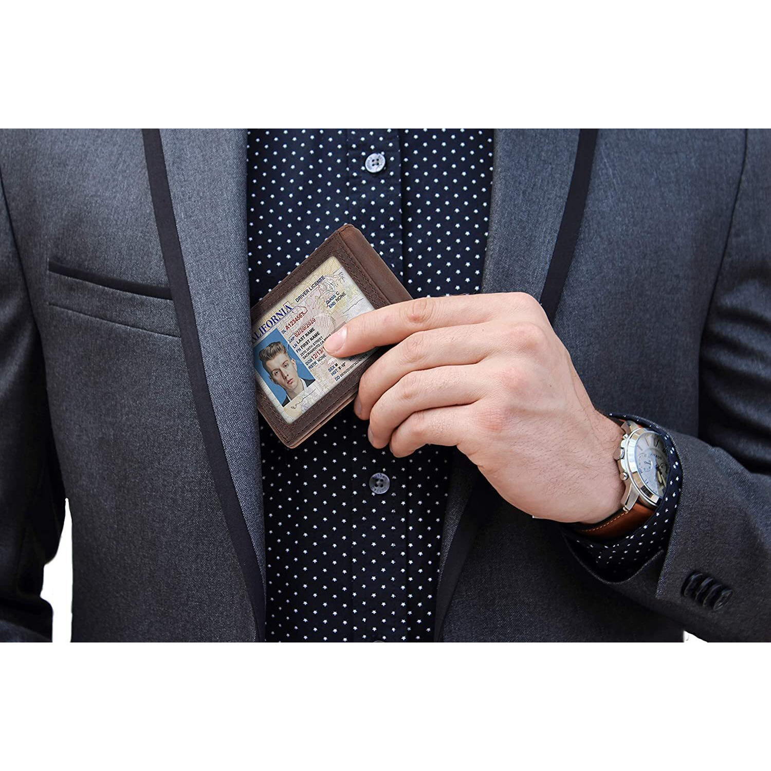 Contacts Genuine Leather Money Clip Wallet Slim Front Pocket Rfid Blocking Card Holder Minimalist Mini Bifold For Men's With Smart Pull Strap 8 Card Slots Photo Id (Brown)