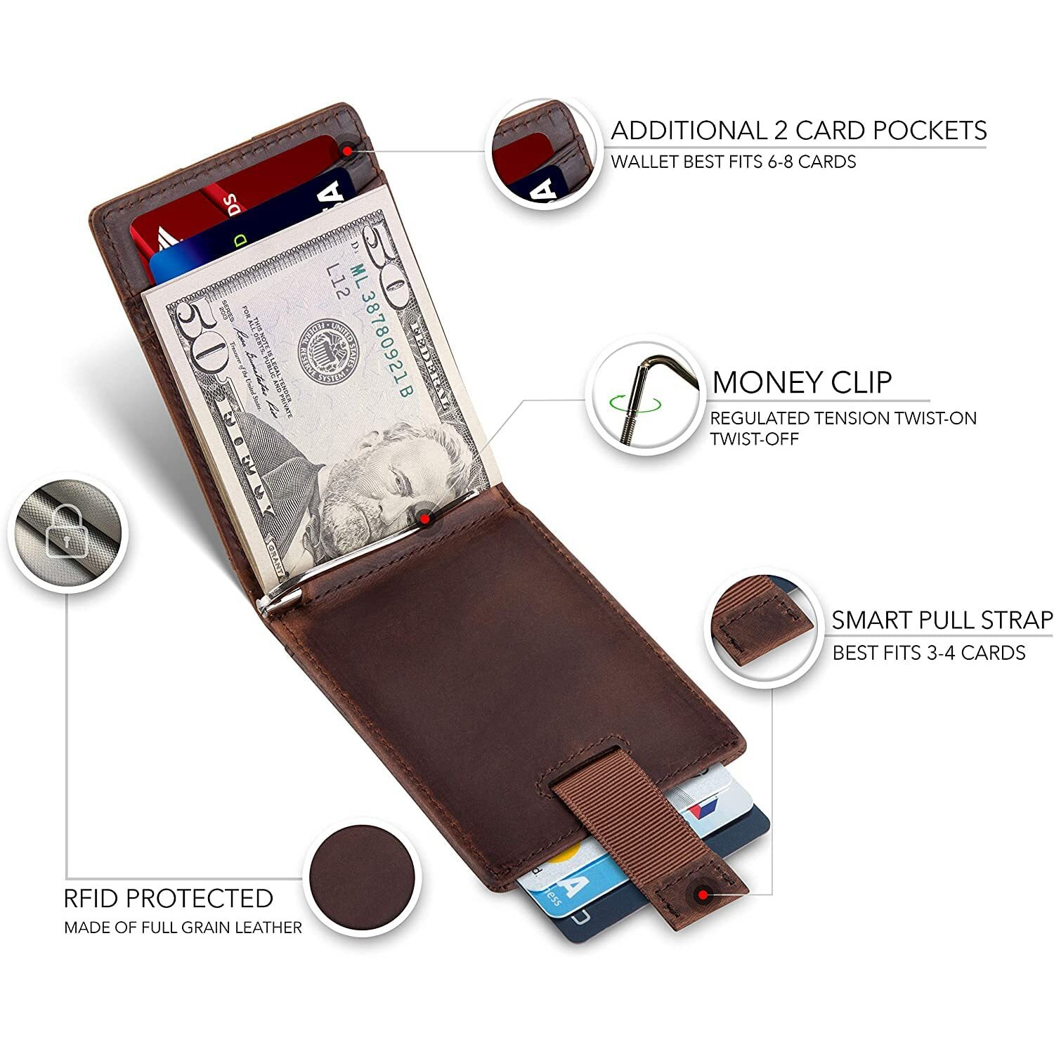 Contacts Genuine Leather Money Clip Wallet Slim Front Pocket Rfid Blocking Card Holder Minimalist Mini Bifold For Men's With Smart Pull Strap 8 Card Slots Photo Id (Brown)