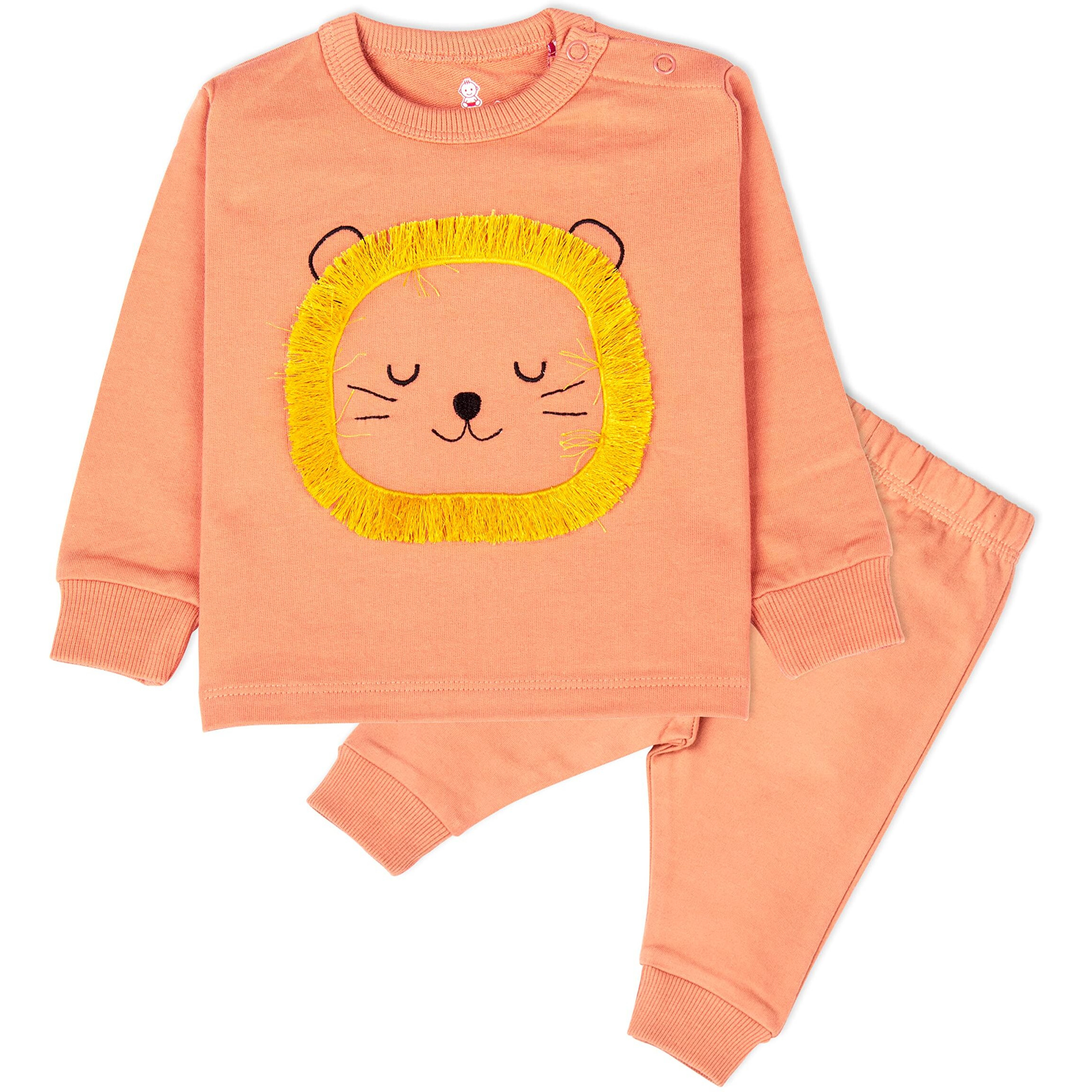 Ariel Cotton Fleece Clothing Sets For Boys & Girls - Unisex Winter Clothing Sets Full Sleeve T-Shirt & Pant, Orange, 0 Month(Newborn)