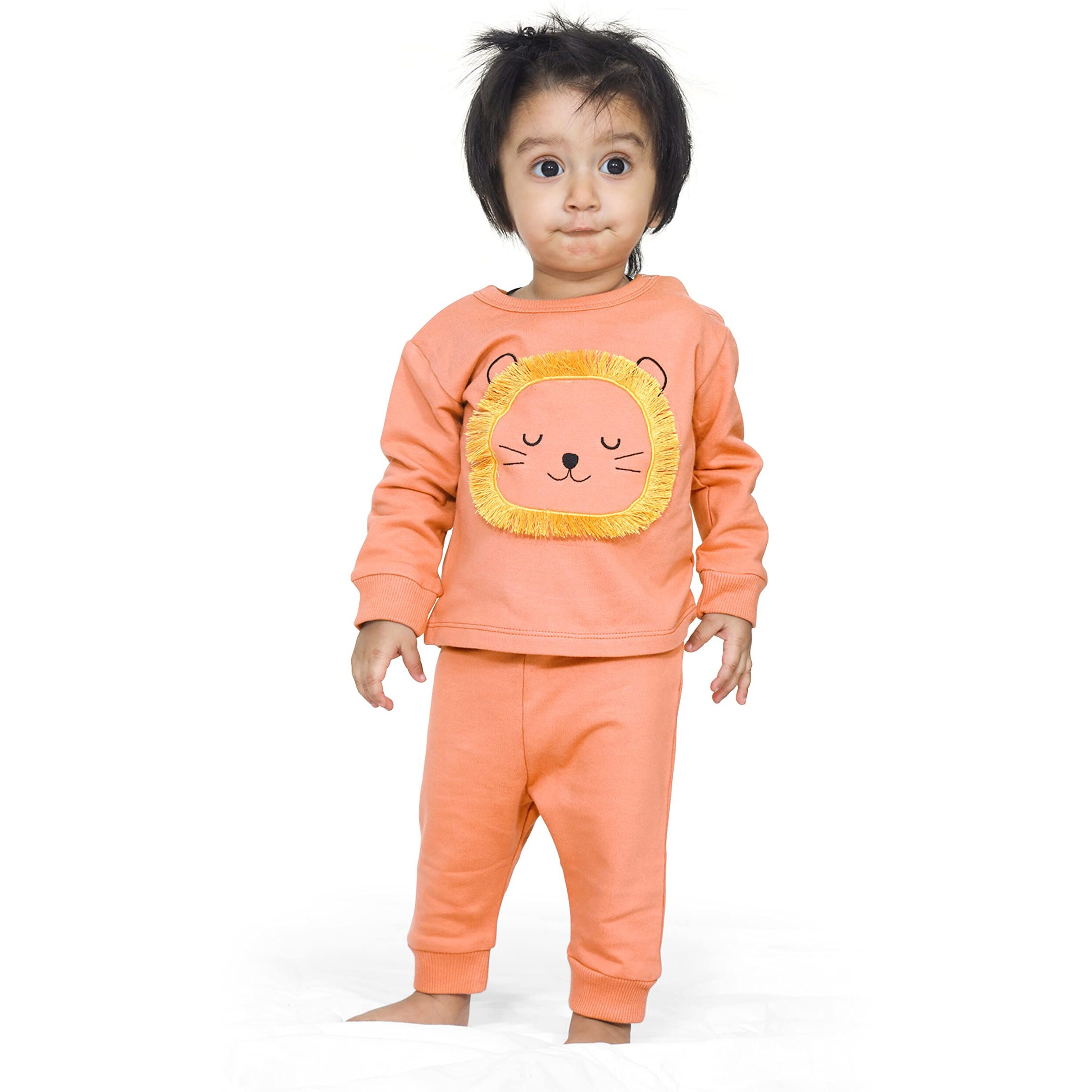 Ariel Cotton Fleece Clothing Sets For Boys & Girls - Unisex Winter Clothing Sets Full Sleeve T-Shirt & Pant Pajama Set, Orange (18 Months-24 Months)