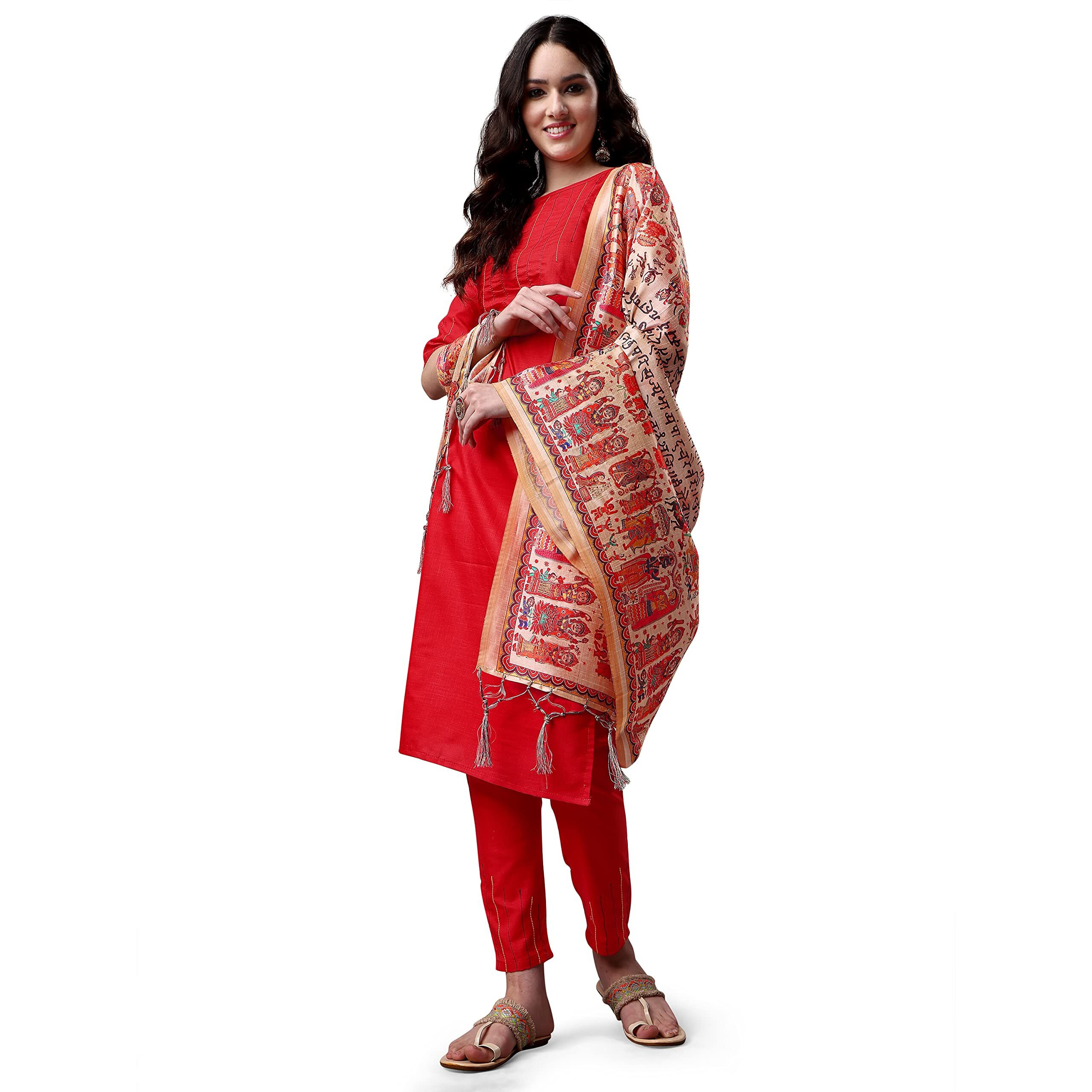 Ethnicjunction Women's Solid & Shtriped Work Cotton Kurta Pant With Dupatta Set (B31-Bharat-Tometo_S_Y_Red)