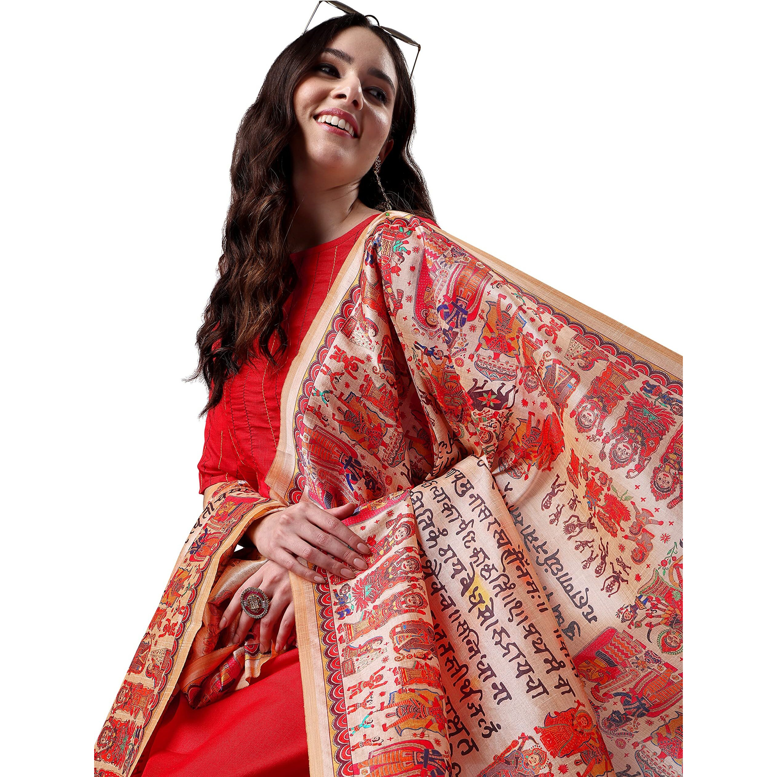 Ethnicjunction Women's Solid & Shtriped Work Cotton Kurta Pant With Dupatta Set (B31-Bharat-Tometo_S_Y_Red)