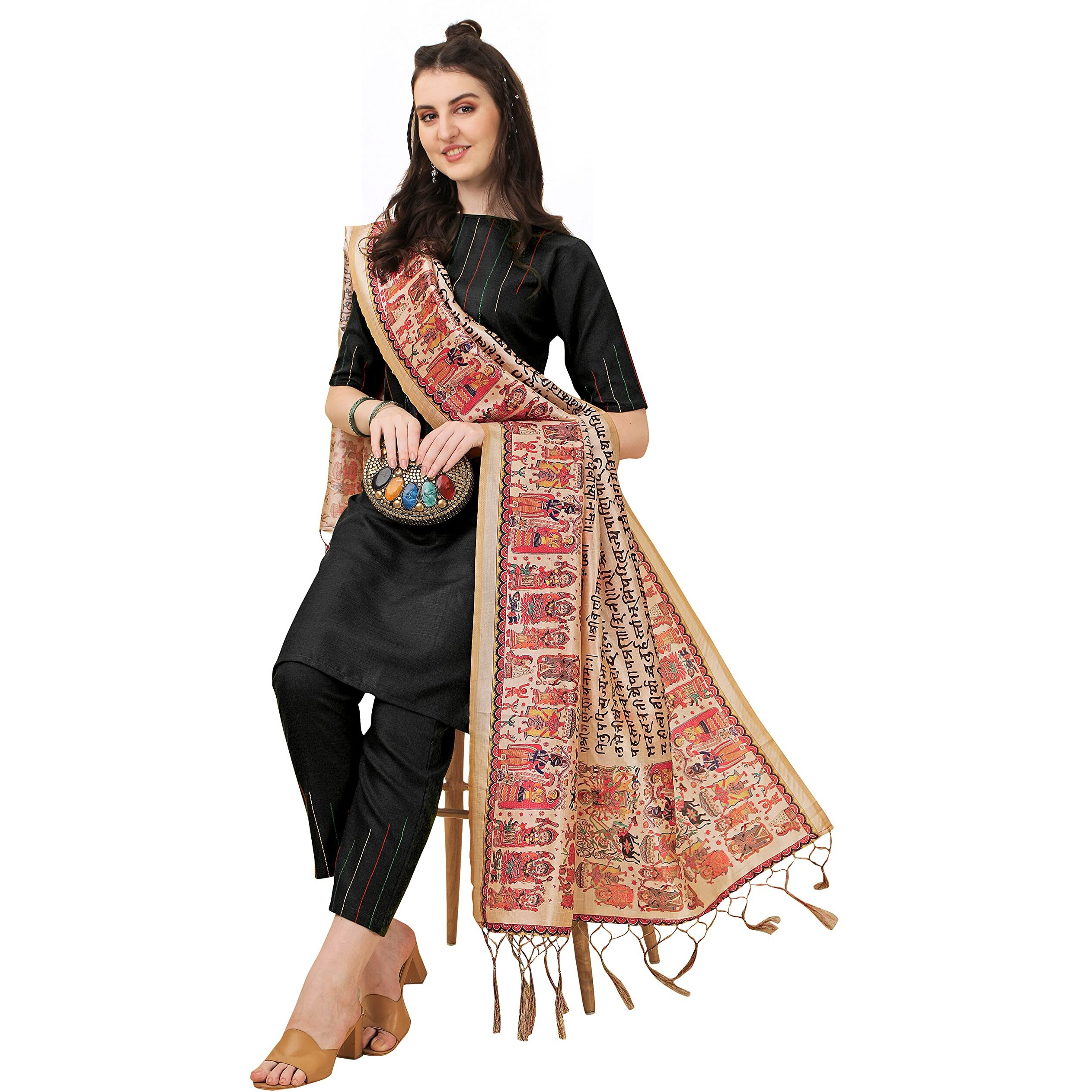 Ethnicjunction Women's Solid & Shtriped Work Cotton Kurta Pant With Dupatta Set (B31-Bharat-Black_L_Y_Black)