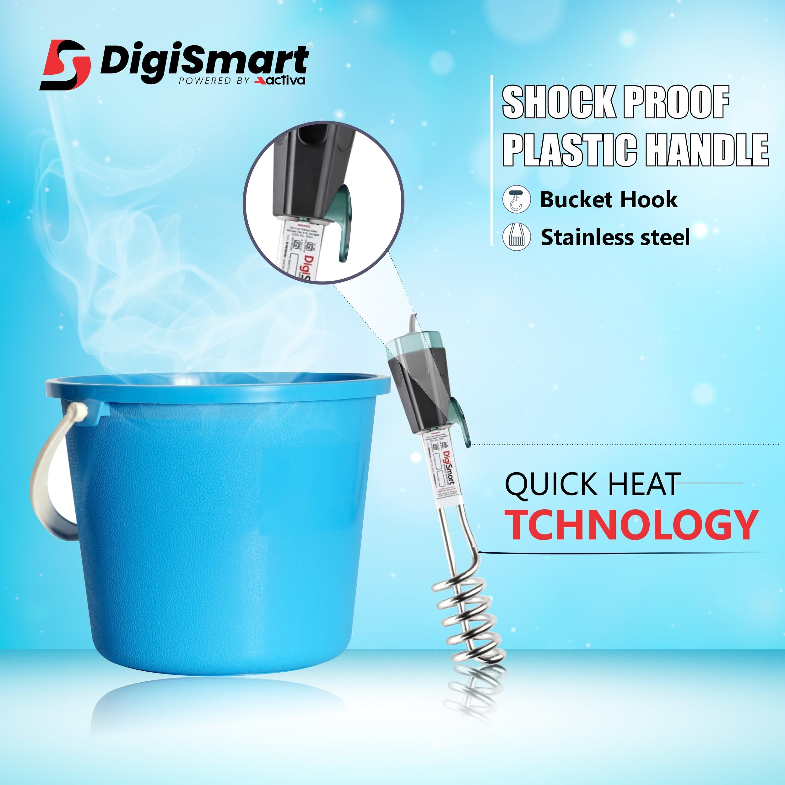 Digismart 2000 Watts Water Proof/Shock Proof Immersion Water Heater (Black) With 1 Year Warranty, Stainless Steel