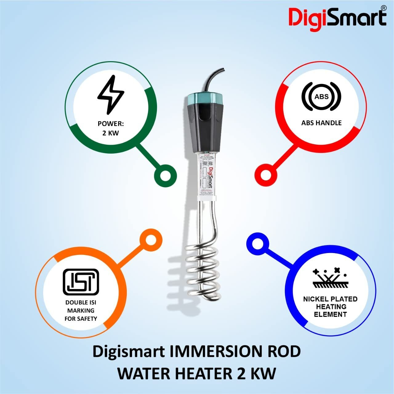 Digismart 2000 Watts Water Proof/Shock Proof Immersion Water Heater (Black) With 1 Year Warranty, Stainless Steel