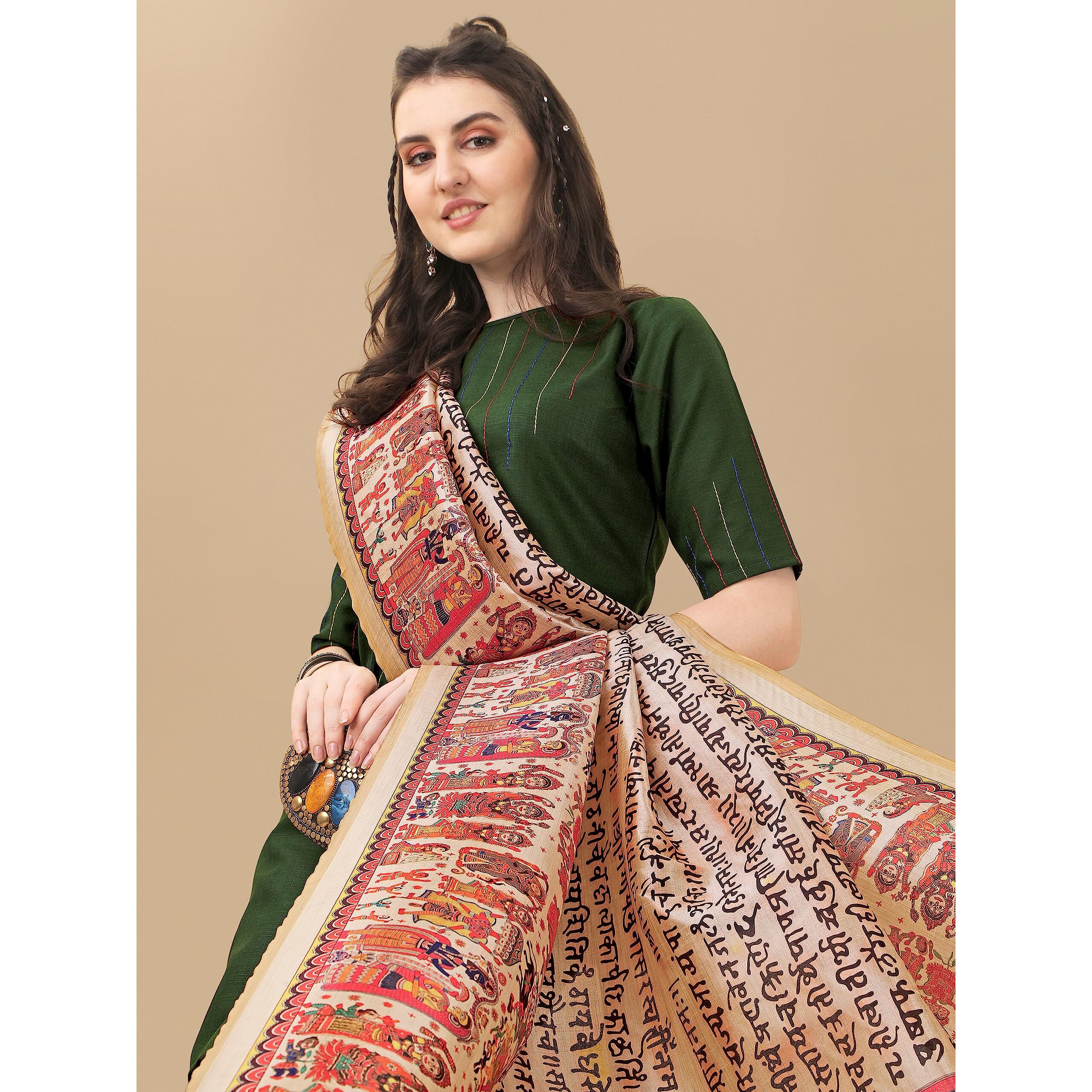 Ethnicjunction Women's Solid & Shtriped Work Cotton Kurta Pant With Dupatta Set (B31-Bharat-Bottle Green_M_Y_Bottle Green)