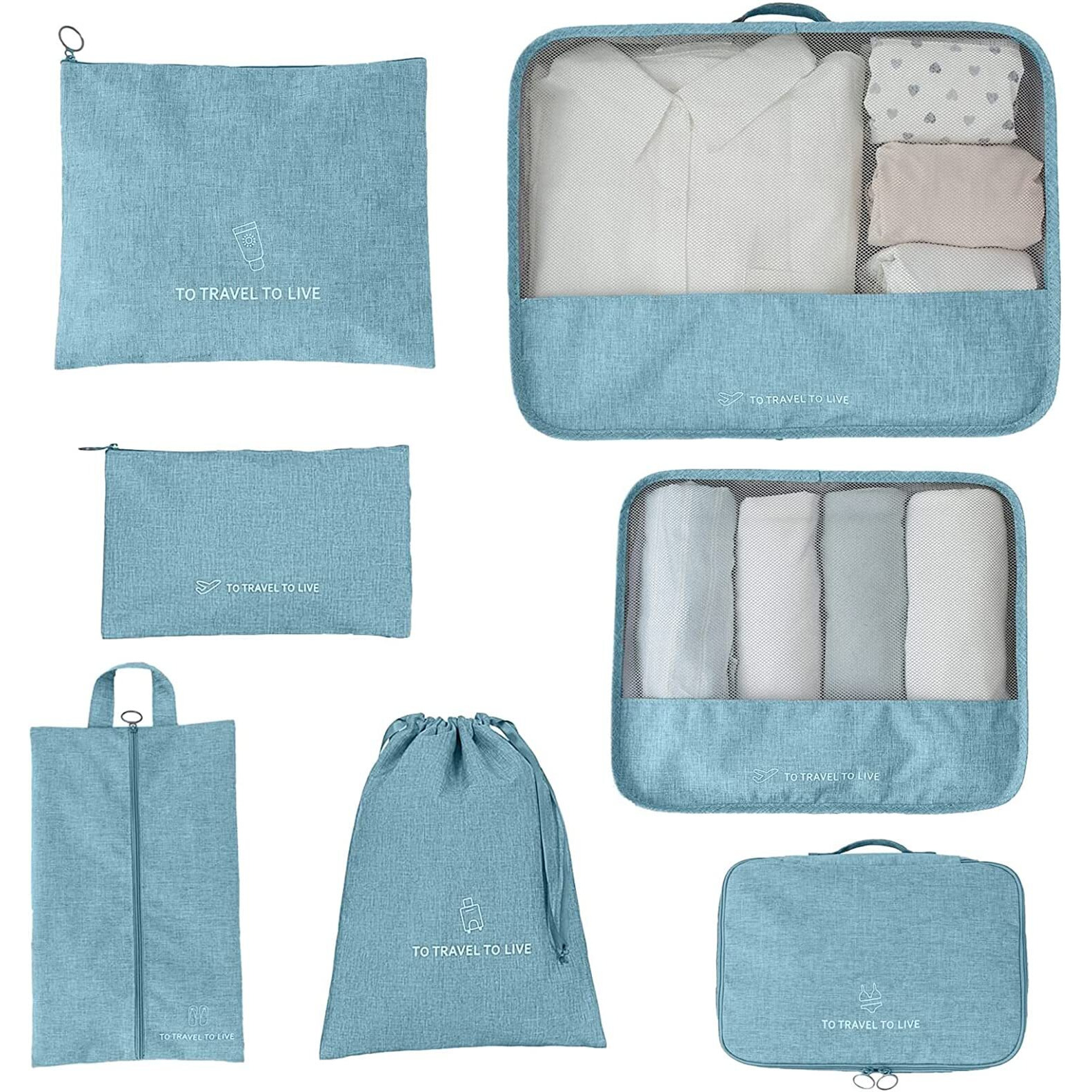 House Of Quirk 7 Set Packing Cubes For Suitcases Travel Luggage Organizers With Laundry Bag,Shoe Bag And Toitetry Bag,Lightweight Luggage For Carry On Suitcase (Light Blue), Oxford Cloth + Mesh