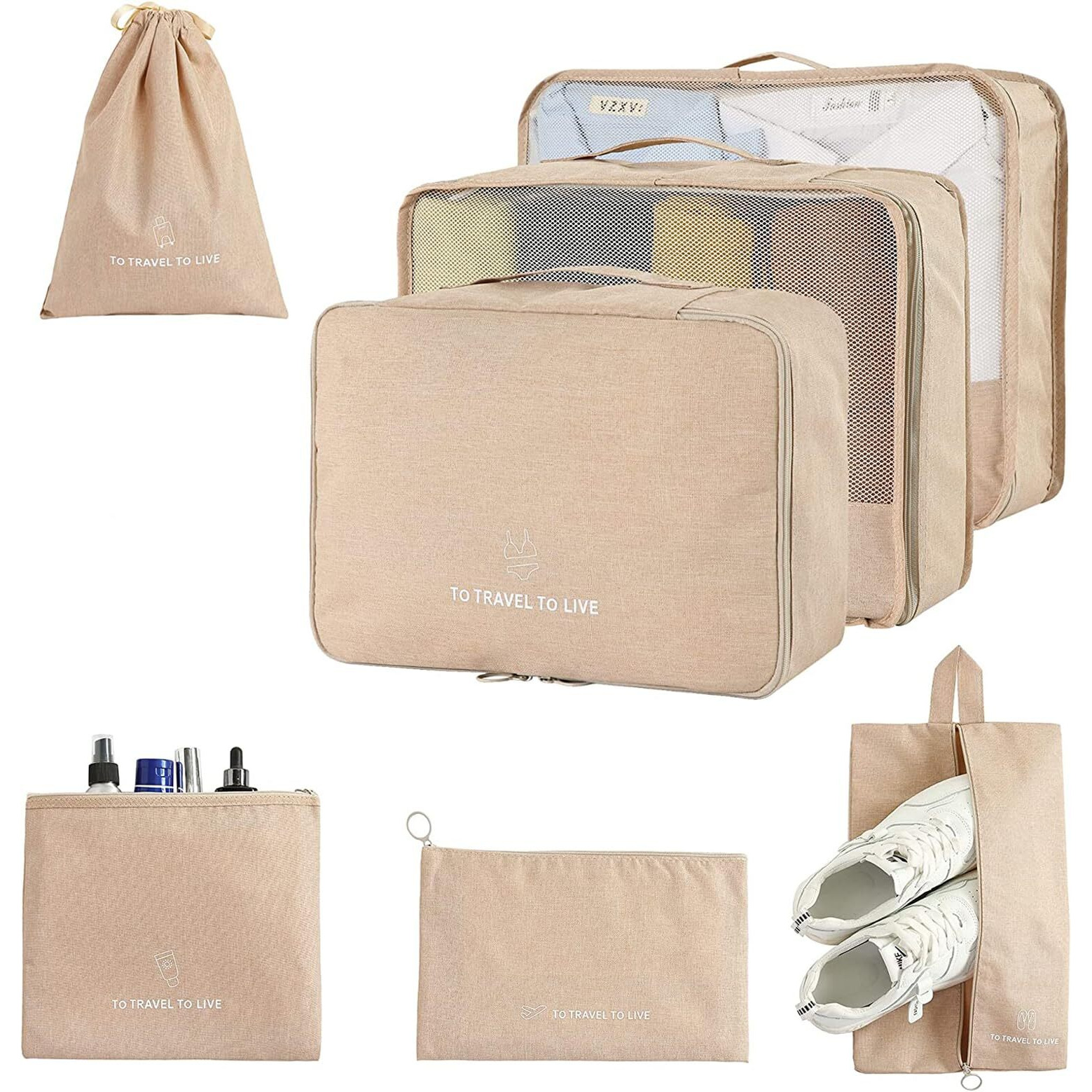 House Of Quirk 7 Set Packing Cubes For Suitcases Travel Luggage Organizers,Travel Accessories With Laundry Bag,Shoe Bag&Toitetry Bag,Lightweight To Carry On Suitcase (Khaki,Oxford Cloth + Mesh),Brown