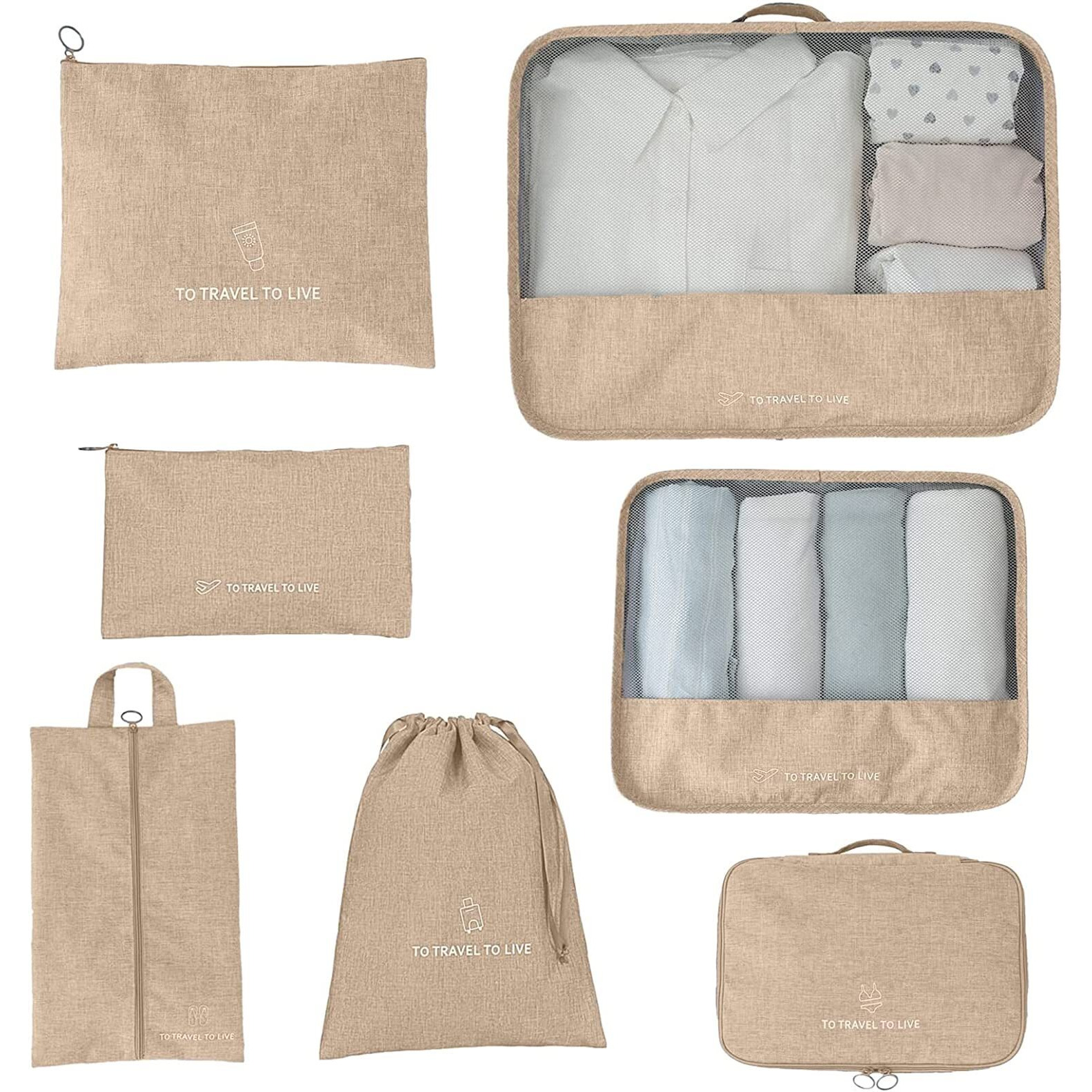 House Of Quirk 7 Set Packing Cubes For Suitcases Travel Luggage Organizers,Travel Accessories With Laundry Bag,Shoe Bag&Toitetry Bag,Lightweight To Carry On Suitcase (Khaki,Oxford Cloth + Mesh),Brown