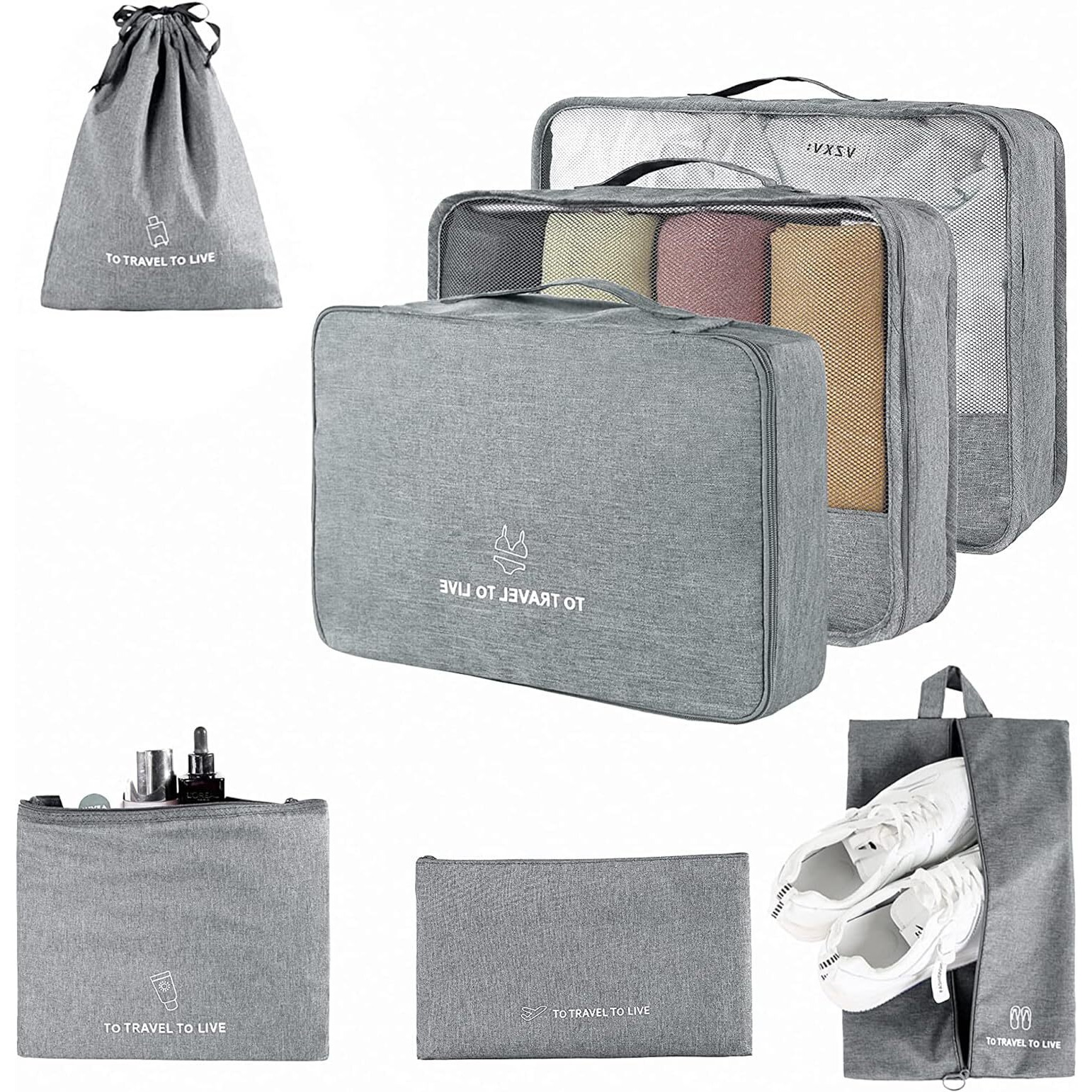 House Of Quirk 7 Set Packing Cubes For Suitcases Travel Luggage Organizers Travel Accessories With Laundry Bag,Shoe Bag & Toitetry Bag,Lightweight, For Carry On Suitcase (Grey, Oxford Cloth+Mesh)