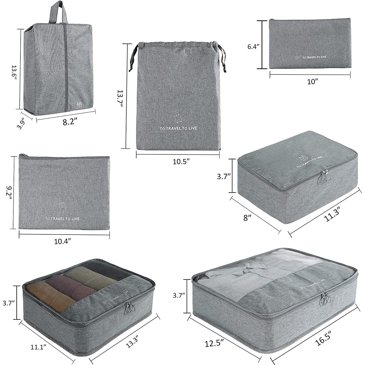 House Of Quirk 7 Set Packing Cubes For Suitcases Travel Luggage Organizers Travel Accessories With Laundry Bag,Shoe Bag & Toitetry Bag,Lightweight, For Carry On Suitcase (Grey, Oxford Cloth+Mesh)