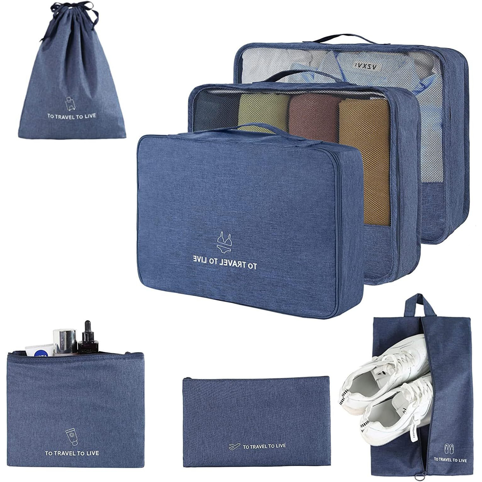House Of Quirk 7 Set Packing Cubes For Suitcases Travel Luggage Organizers With Laundry Bag,Shoe Bag And Toitetry Bag,Lightweight Luggage For Carry On Suitcase (Dark Blue), Oxford Cloth + Mesh