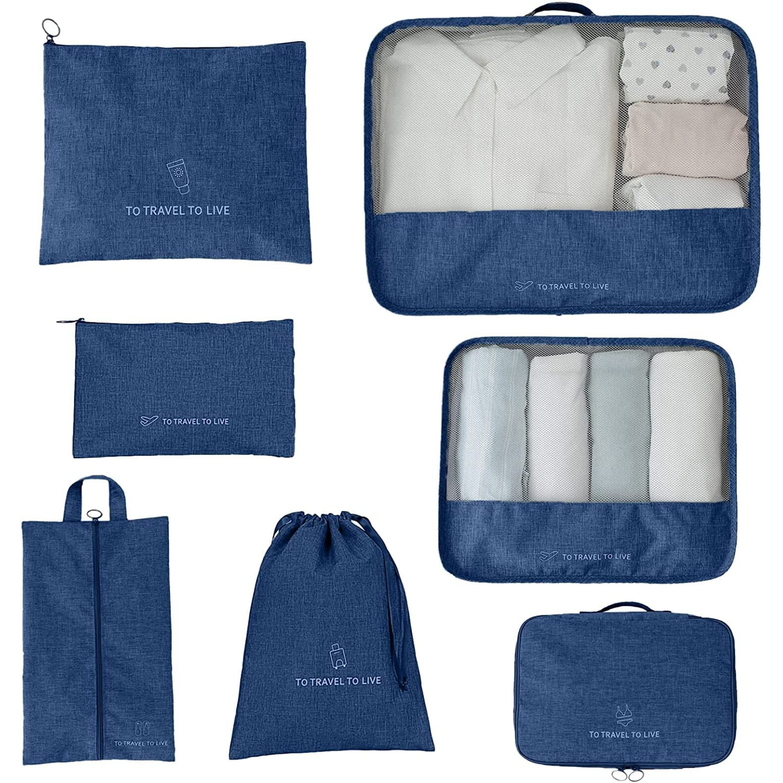 House Of Quirk 7 Set Packing Cubes For Suitcases Travel Luggage Organizers With Laundry Bag,Shoe Bag And Toitetry Bag,Lightweight Luggage For Carry On Suitcase (Dark Blue), Oxford Cloth + Mesh