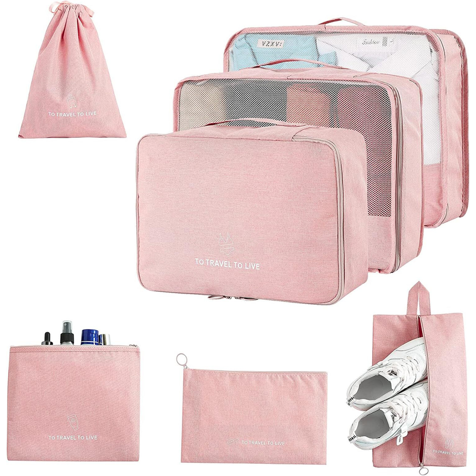House Of Quirk 7 Set Packing Cubes For Suitcases Travel Luggage Organizers With Laundry Bag,Shoe Bag And Toitetry Bag,Lightweight Luggage For Carry On Suitcase (Pink), Oxford Cloth + Mesh