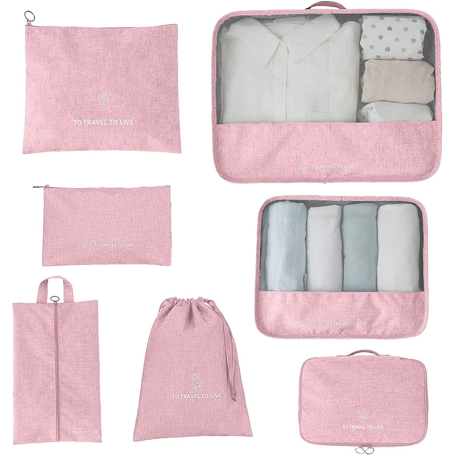 House Of Quirk 7 Set Packing Cubes For Suitcases Travel Luggage Organizers With Laundry Bag,Shoe Bag And Toitetry Bag,Lightweight Luggage For Carry On Suitcase (Pink), Oxford Cloth + Mesh