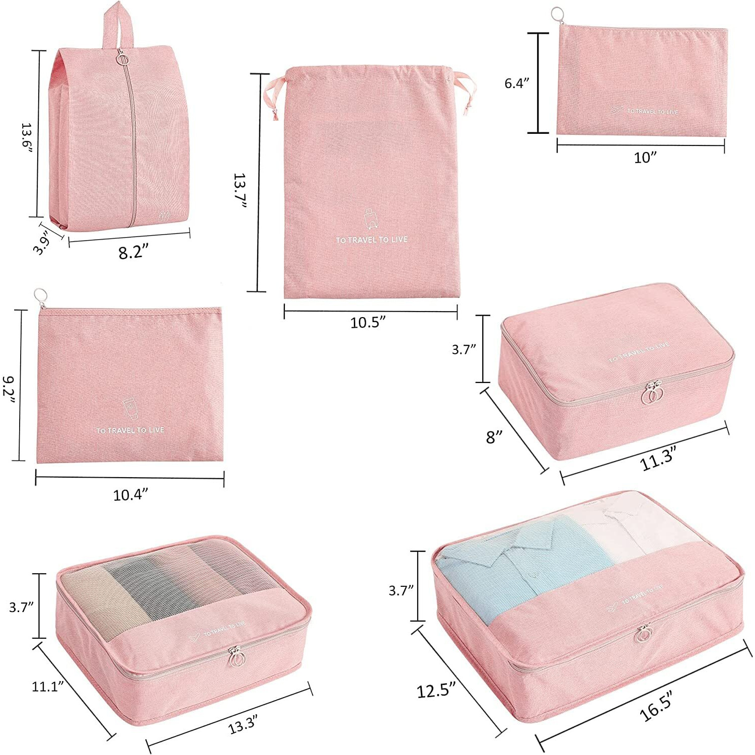 House Of Quirk 7 Set Packing Cubes For Suitcases Travel Luggage Organizers With Laundry Bag,Shoe Bag And Toitetry Bag,Lightweight Luggage For Carry On Suitcase (Pink), Oxford Cloth + Mesh