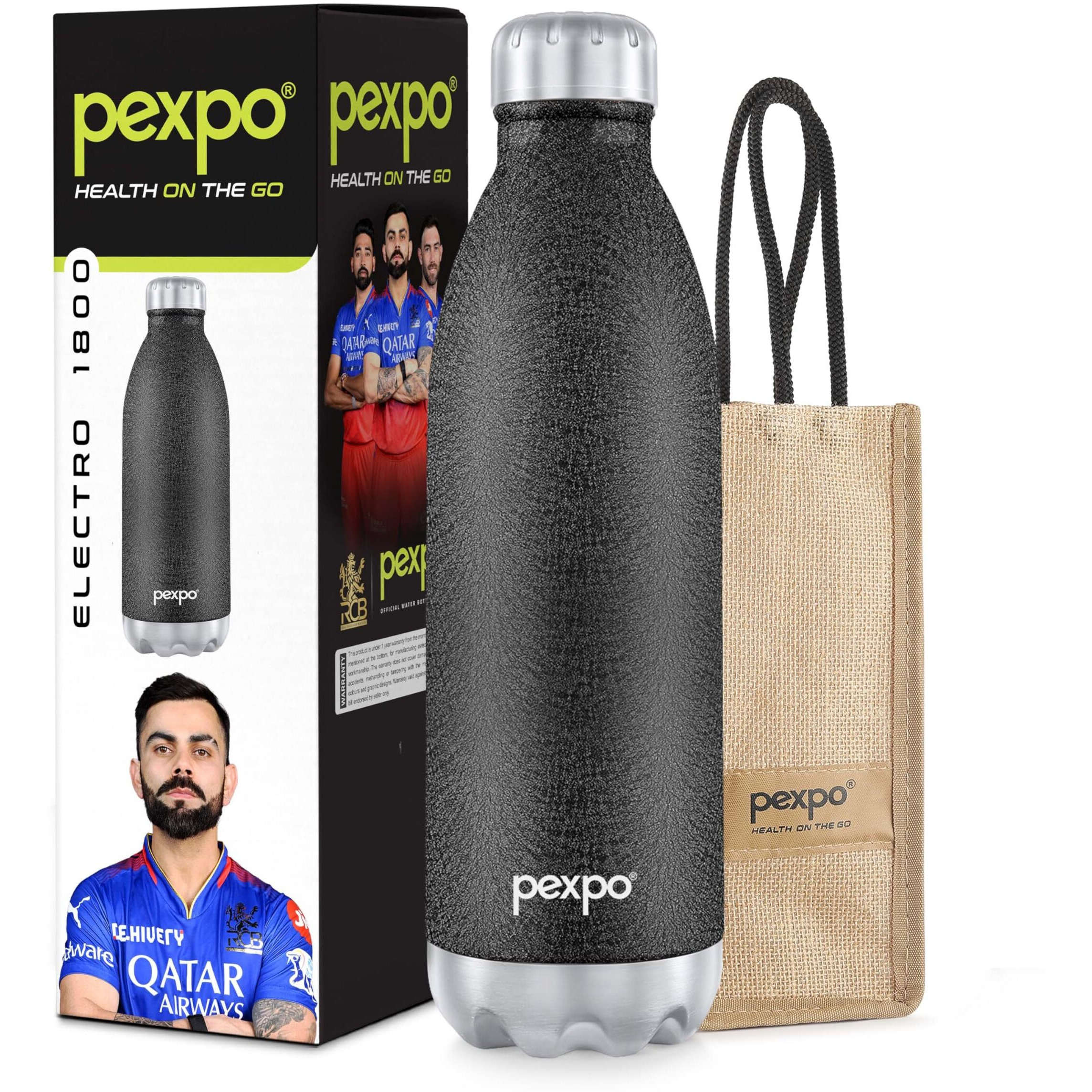 Pexpo Electro Pro Hot & Cold Isi Certified With Jute Bag | Stainless Steel Water Bottle - 1800Ml Black | Thermoflask | Office Bottle | Workout | Travelling | Home| Rcb Edition