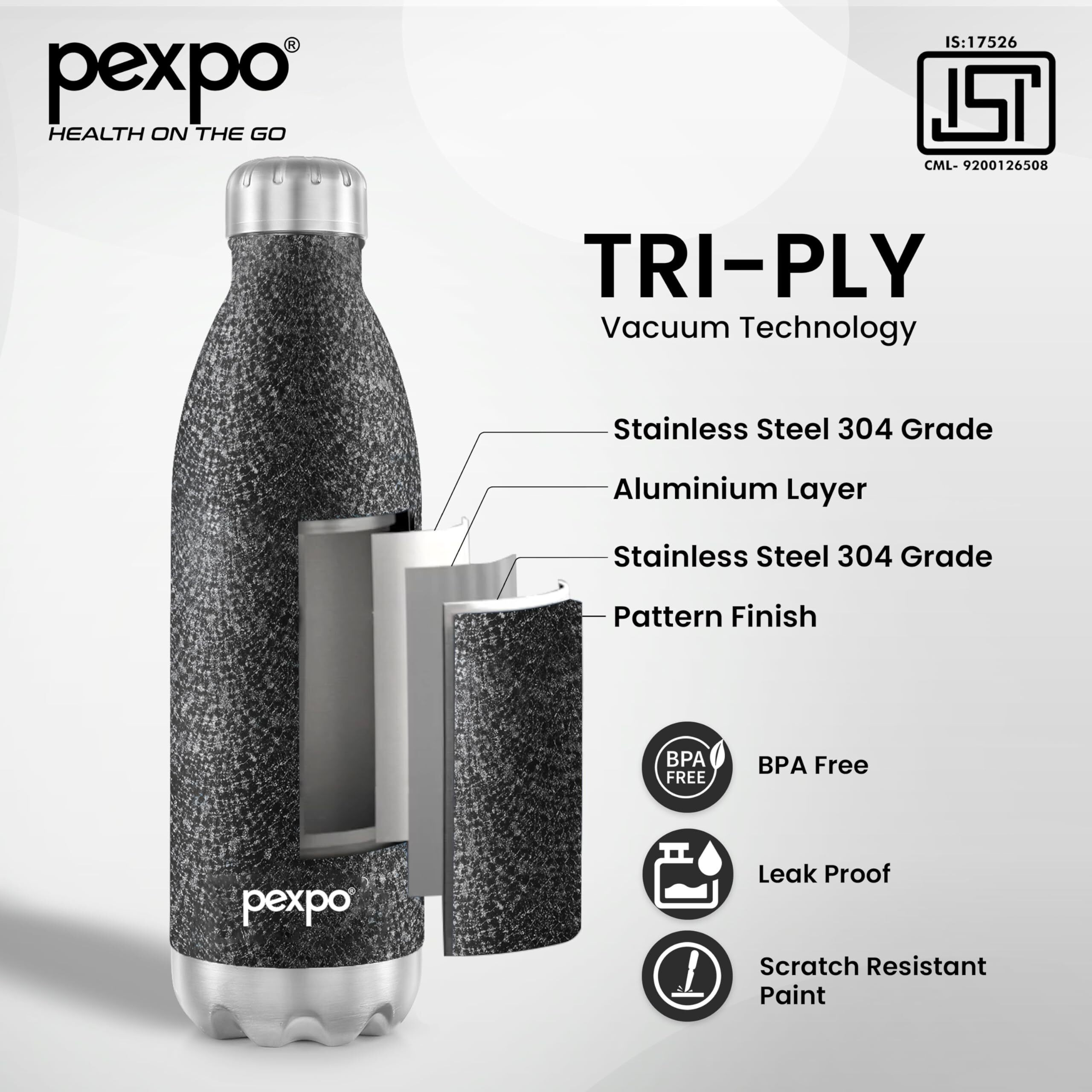 Pexpo Electro Pro Hot & Cold Isi Certified With Jute Bag | Stainless Steel Water Bottle - 1800Ml Black | Thermoflask | Office Bottle | Workout | Travelling | Home| Rcb Edition