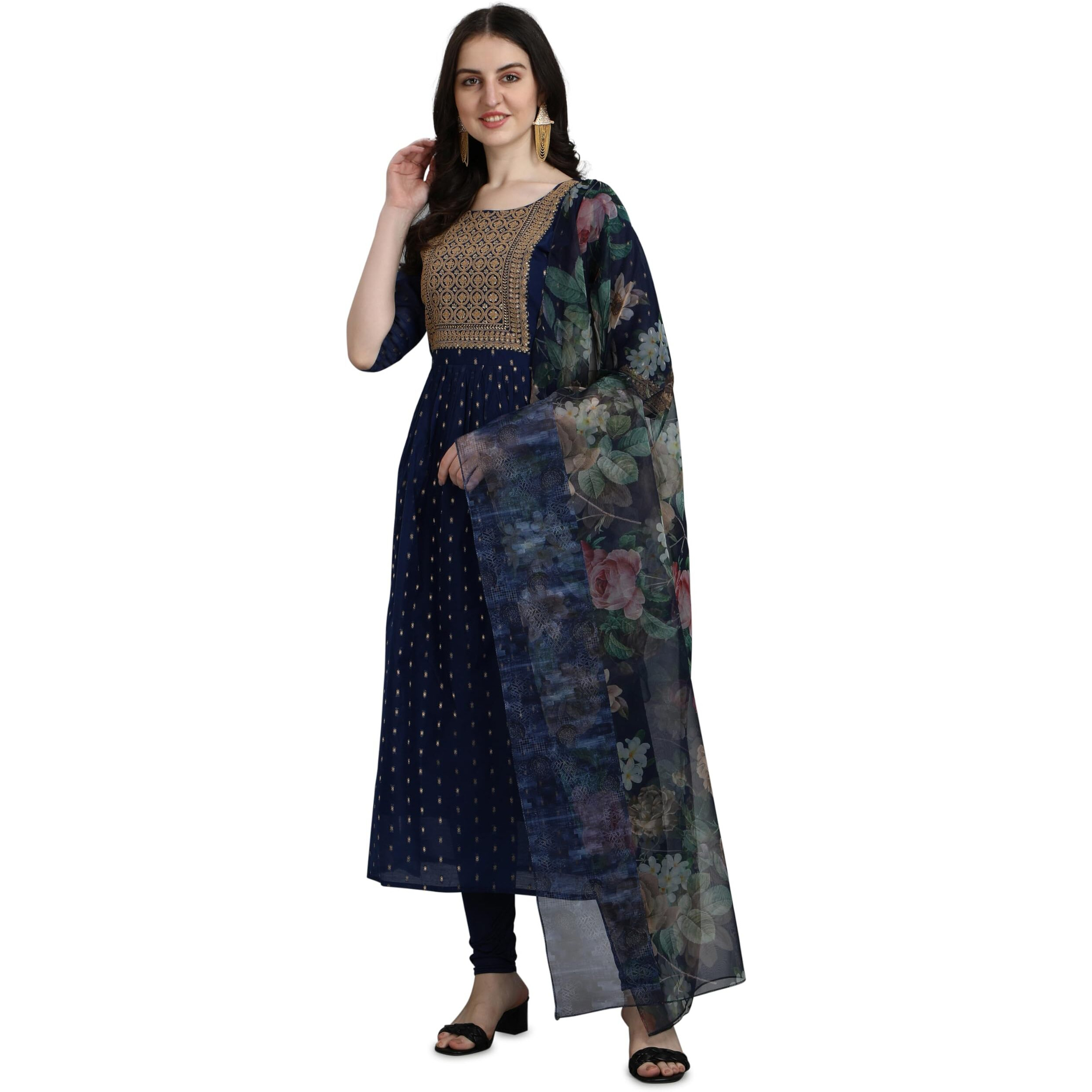 Vredevogel Women's Chanderi Modal Butti Stretchable Leggings & Organza Kurta Trouser With Dupatta Set (Blue_Medium)