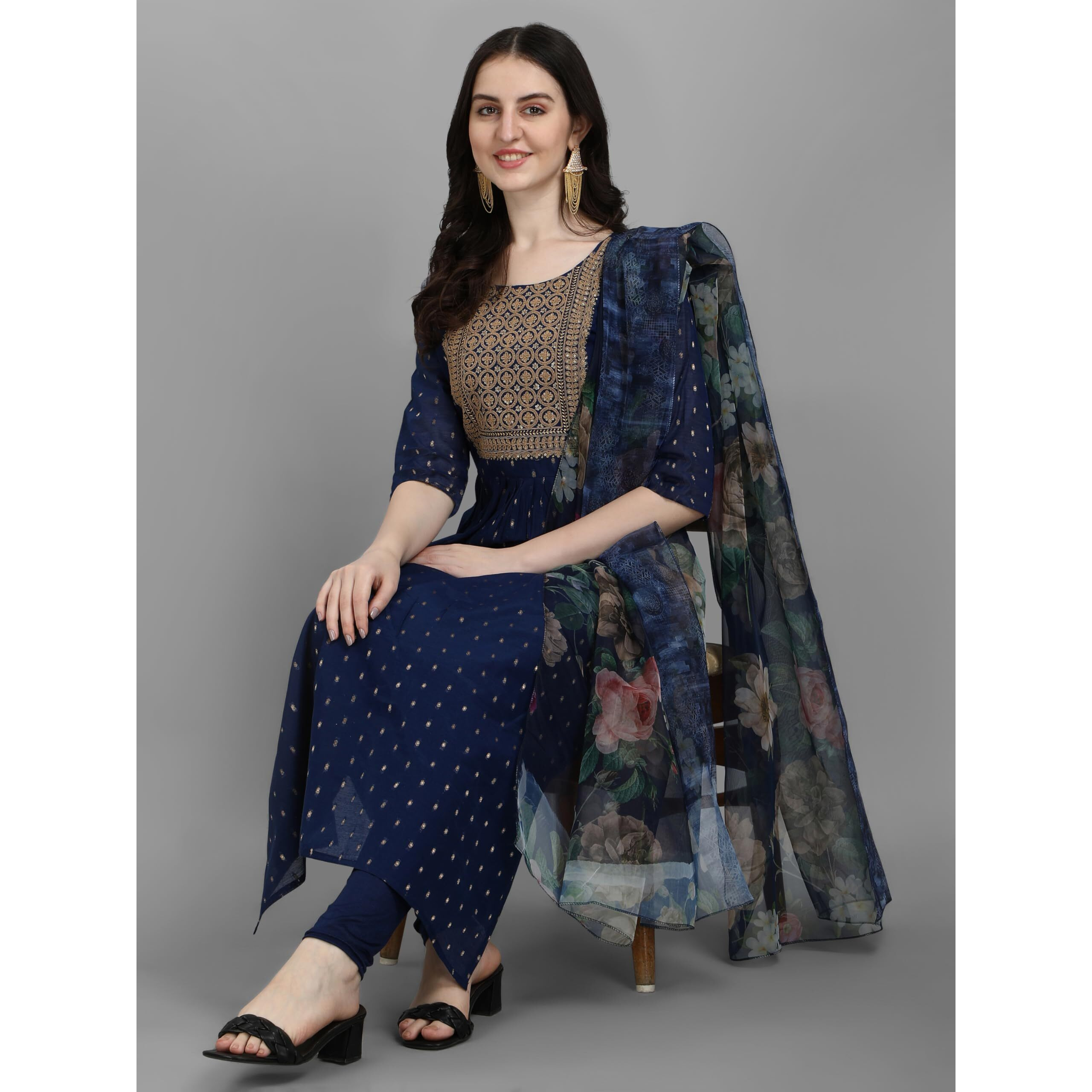 Vredevogel Women's Chanderi Modal Butti Stretchable Leggings & Organza Kurta Trouser With Dupatta Set (Blue_Medium)