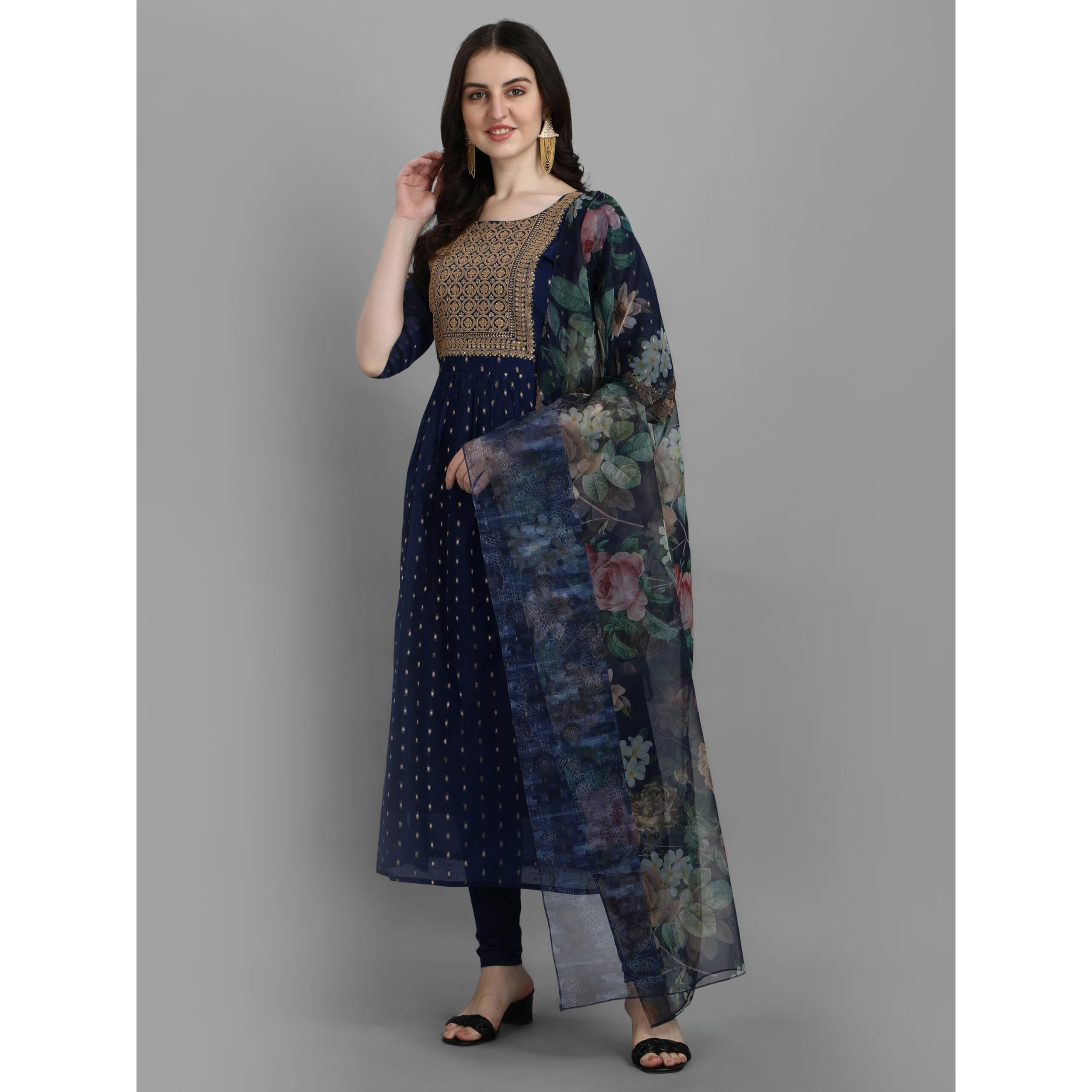Vredevogel Women's Chanderi Modal Butti Stretchable Leggings & Organza Kurta Trouser With Dupatta Set (Blue_Medium)